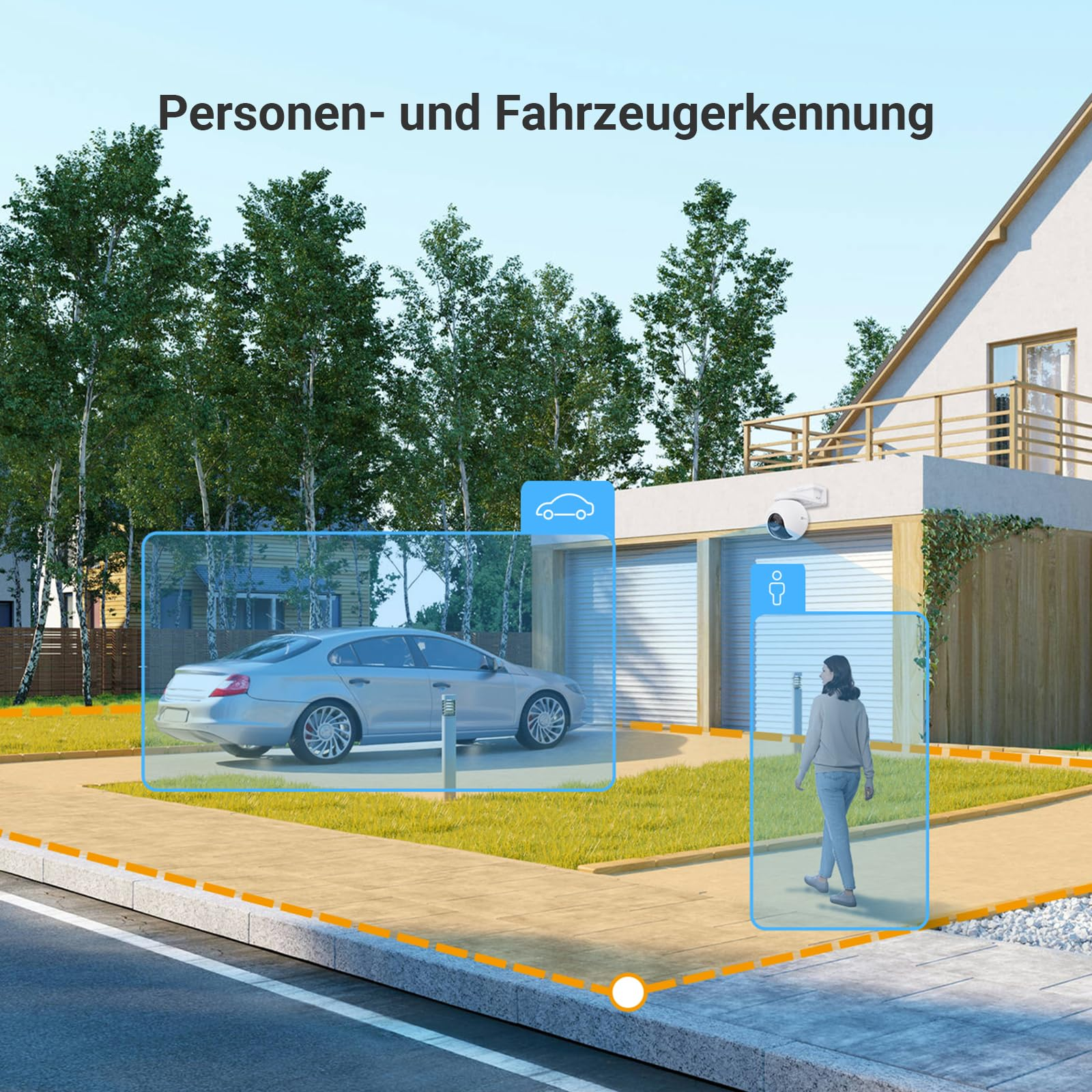 Una telecamera di sicurezza monitora un vialetto, rilevando una persona e un'auto con icone blu.