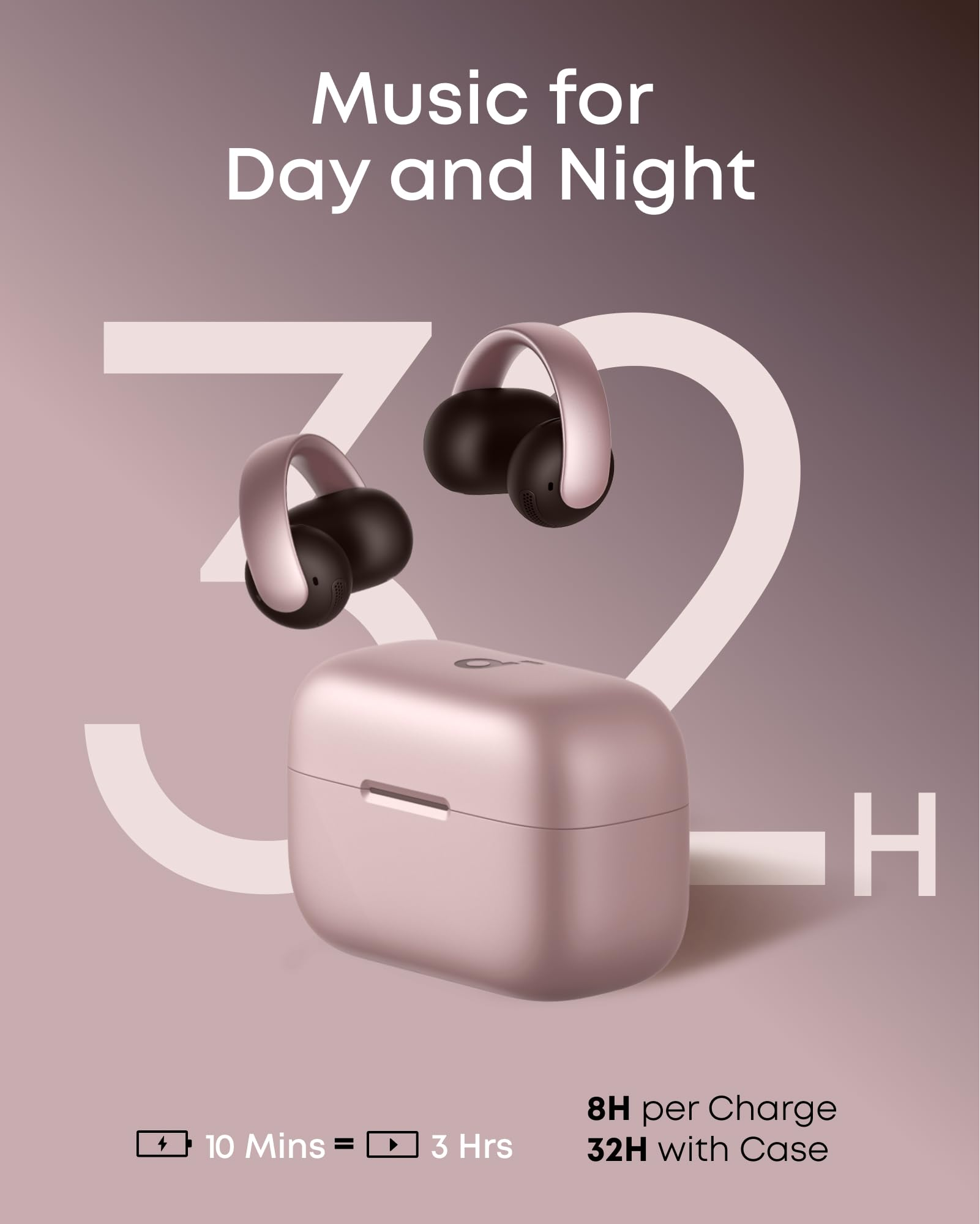 Auricolari wireless rosa e custodia di ricarica su sfondo sfumato con testo.