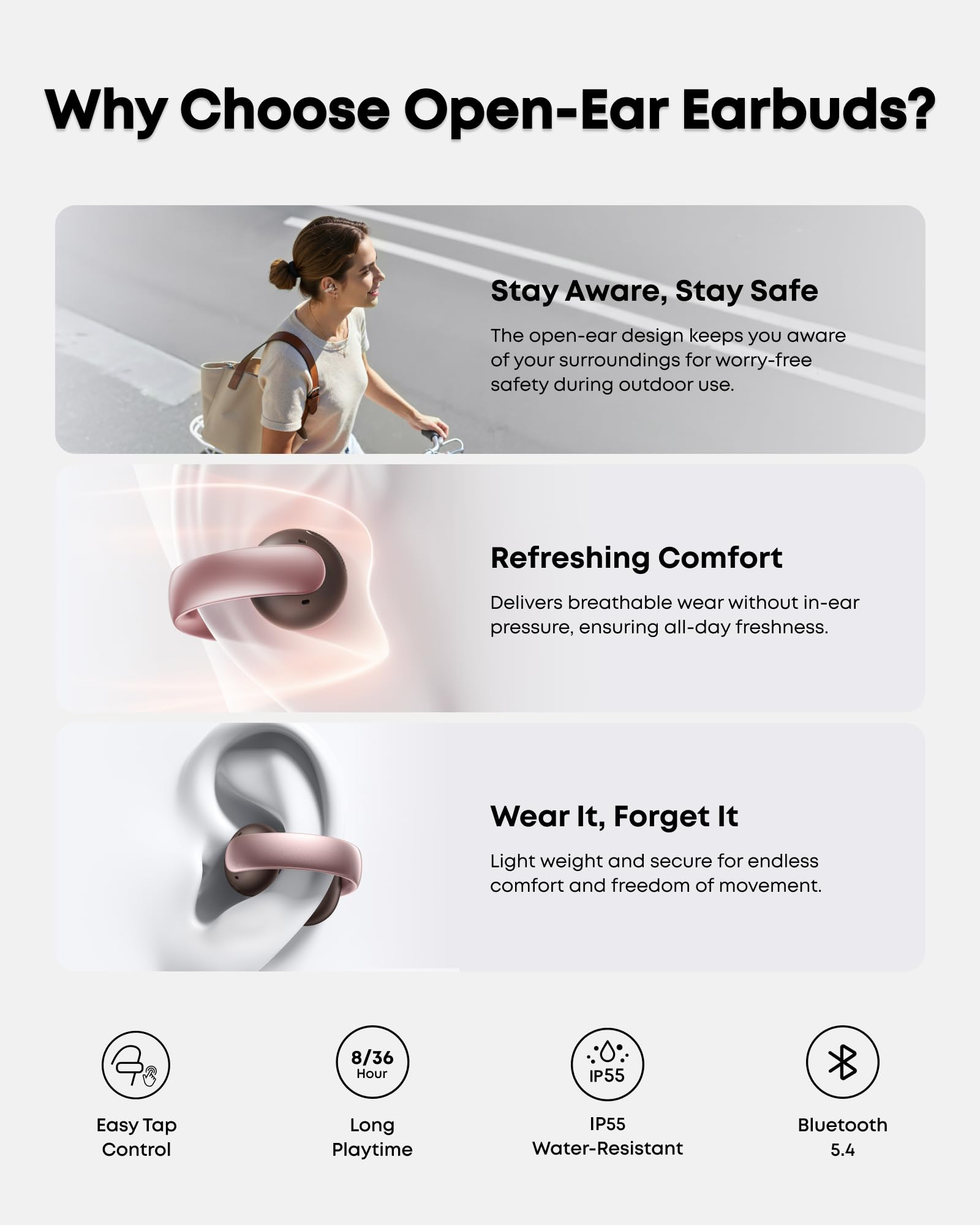 Vantaggi auricolari open-ear: sicurezza, comfort, stabilità, controllo tattile, autonomia, IP55 e Bluetooth 5.4.