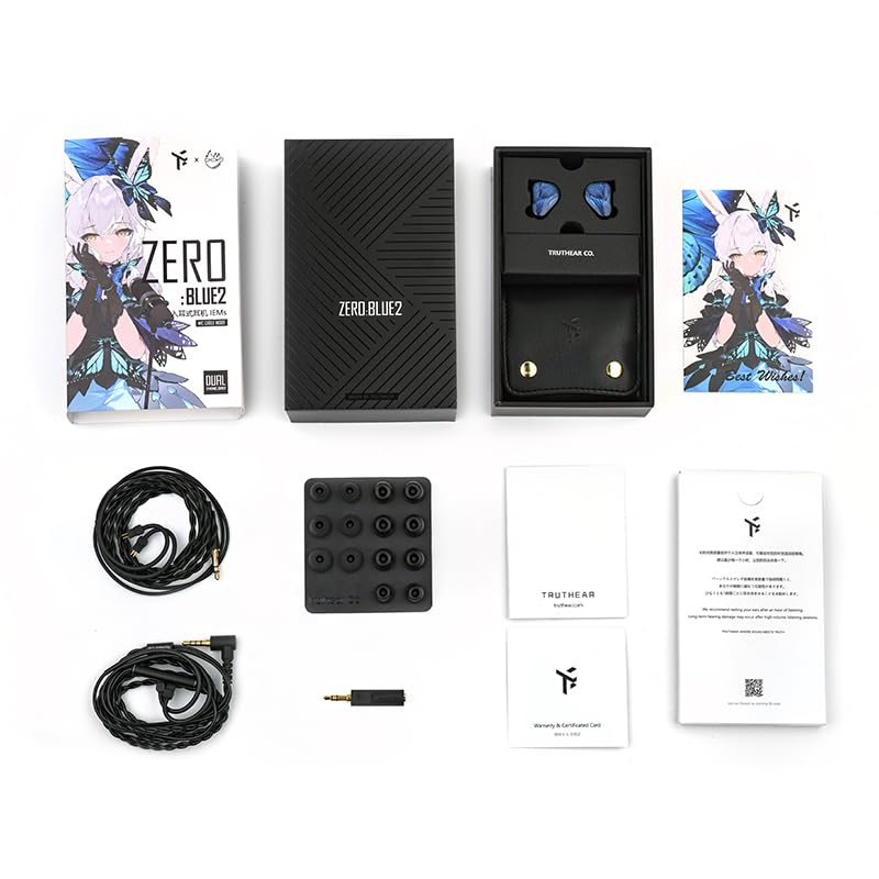 Kit d'écouteurs Zero Blue2 avec emballage, écouteurs, câbles, embouts et accessoires sur fond blanc.