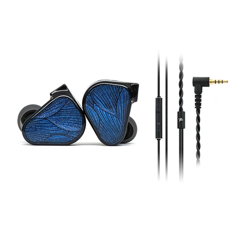 Écouteurs intra-auriculaires texturés bleus avec câbles noirs et prise audio dorée.