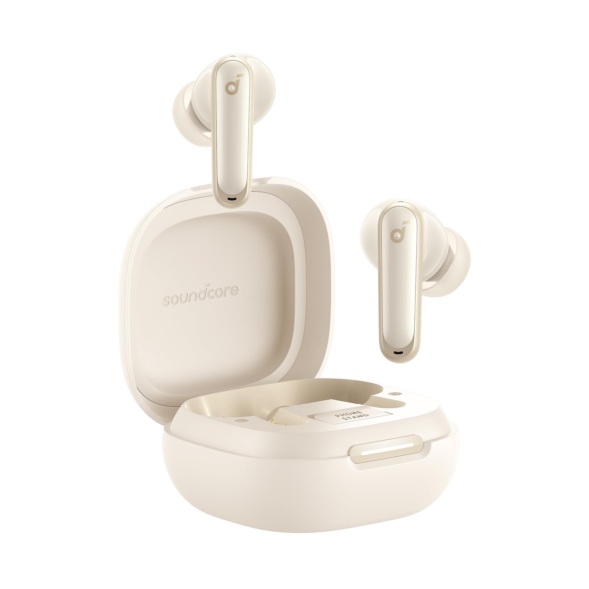 Écouteurs intra-auriculaires Soundcore beige avec étui de charge ouvert sur fond blanc.
