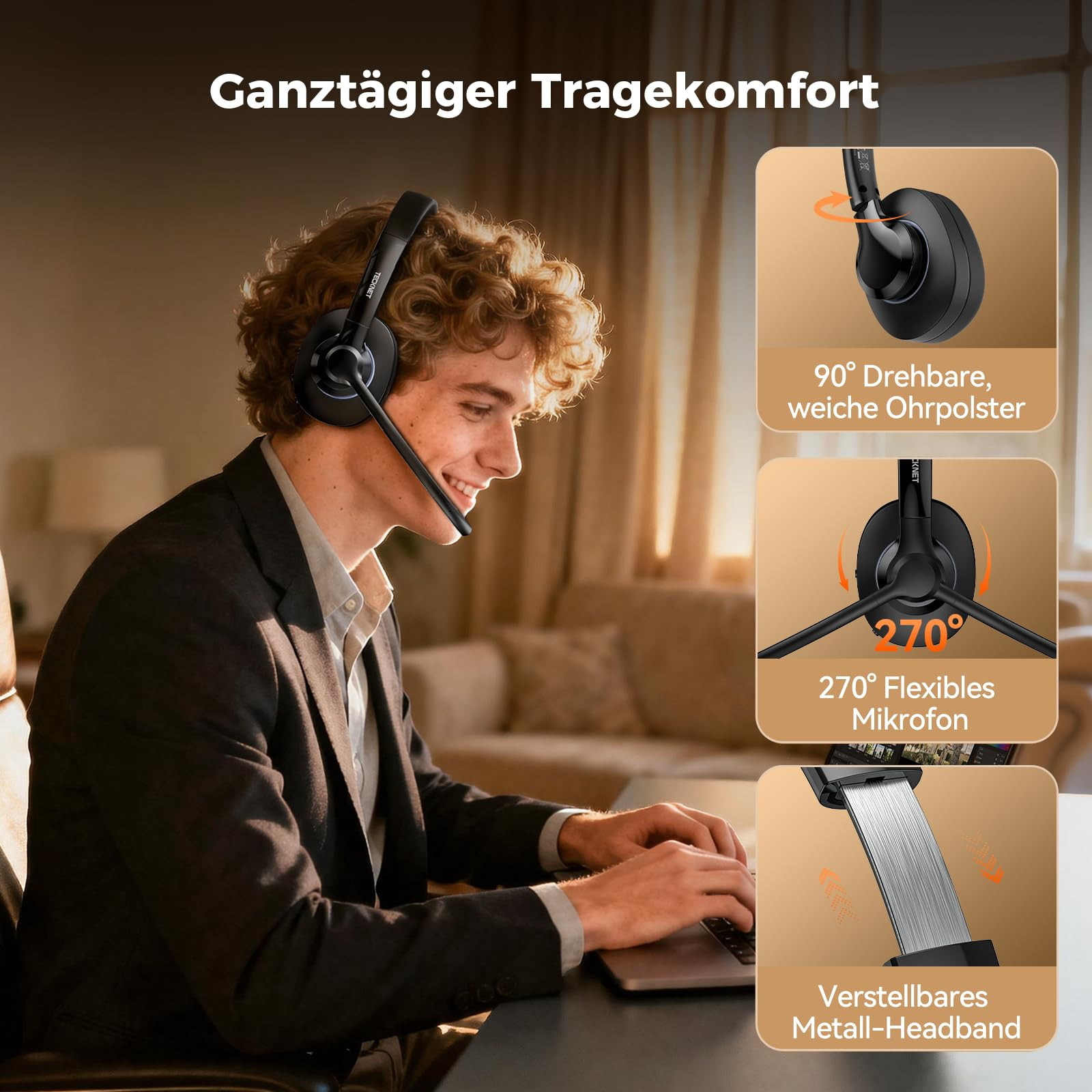 Ein Mann mit Headset arbeitet am Laptop, flankiert von Details zu drehbaren Ohrenpolstern und flexiblem Mikrofon.