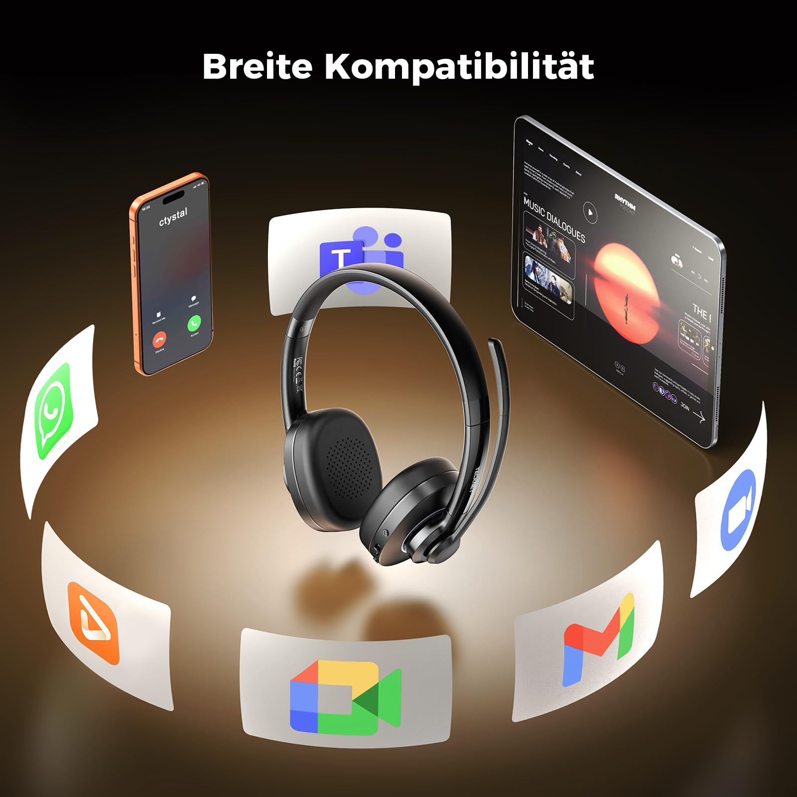 Schwarzes Headset im Zentrum, umgeben von App-Symbolen, Smartphone und Tablet auf braunem Hintergrund.