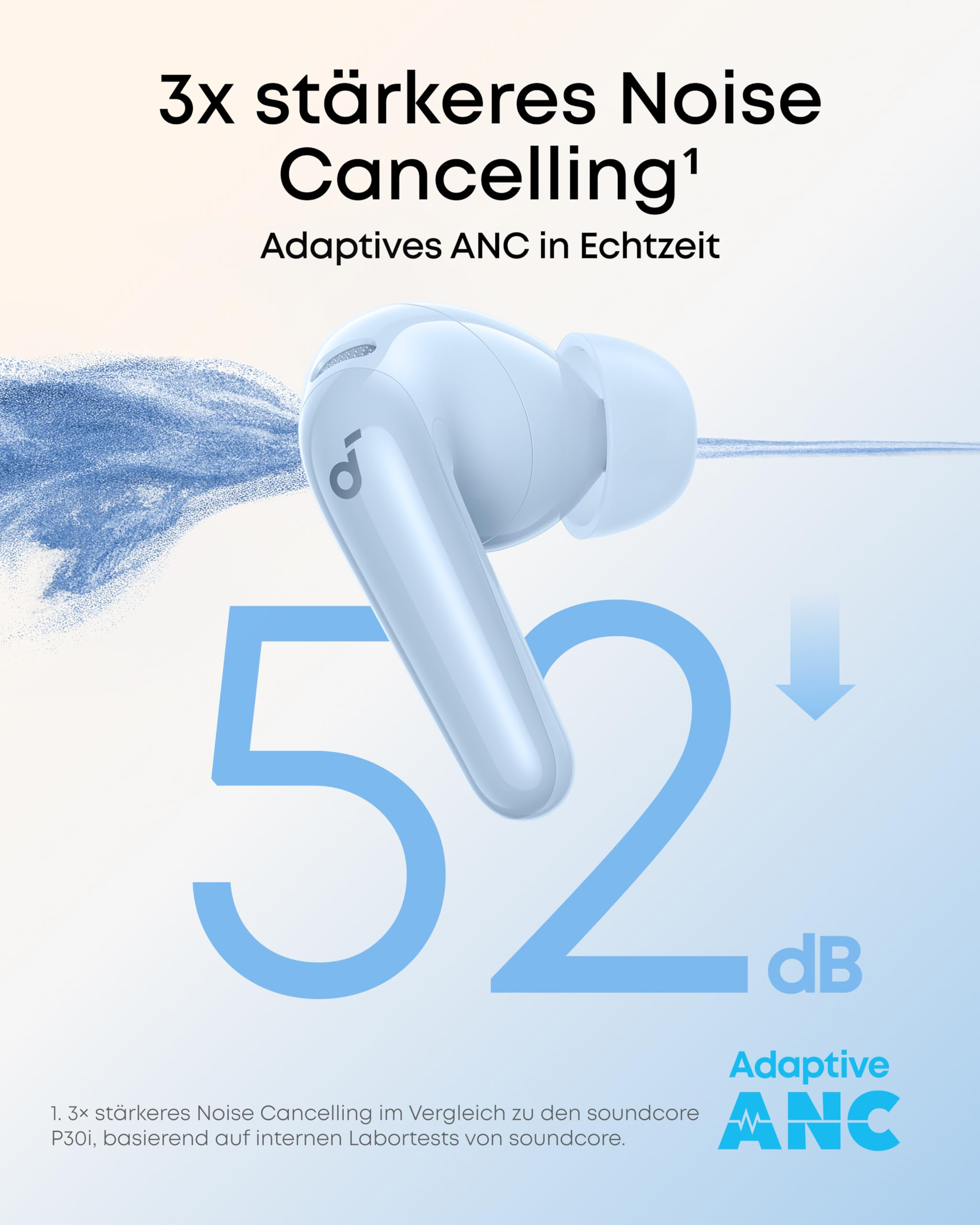 Écouteur bleu sur fond bleu avec texte de suppression du bruit et le chiffre 52 dB.