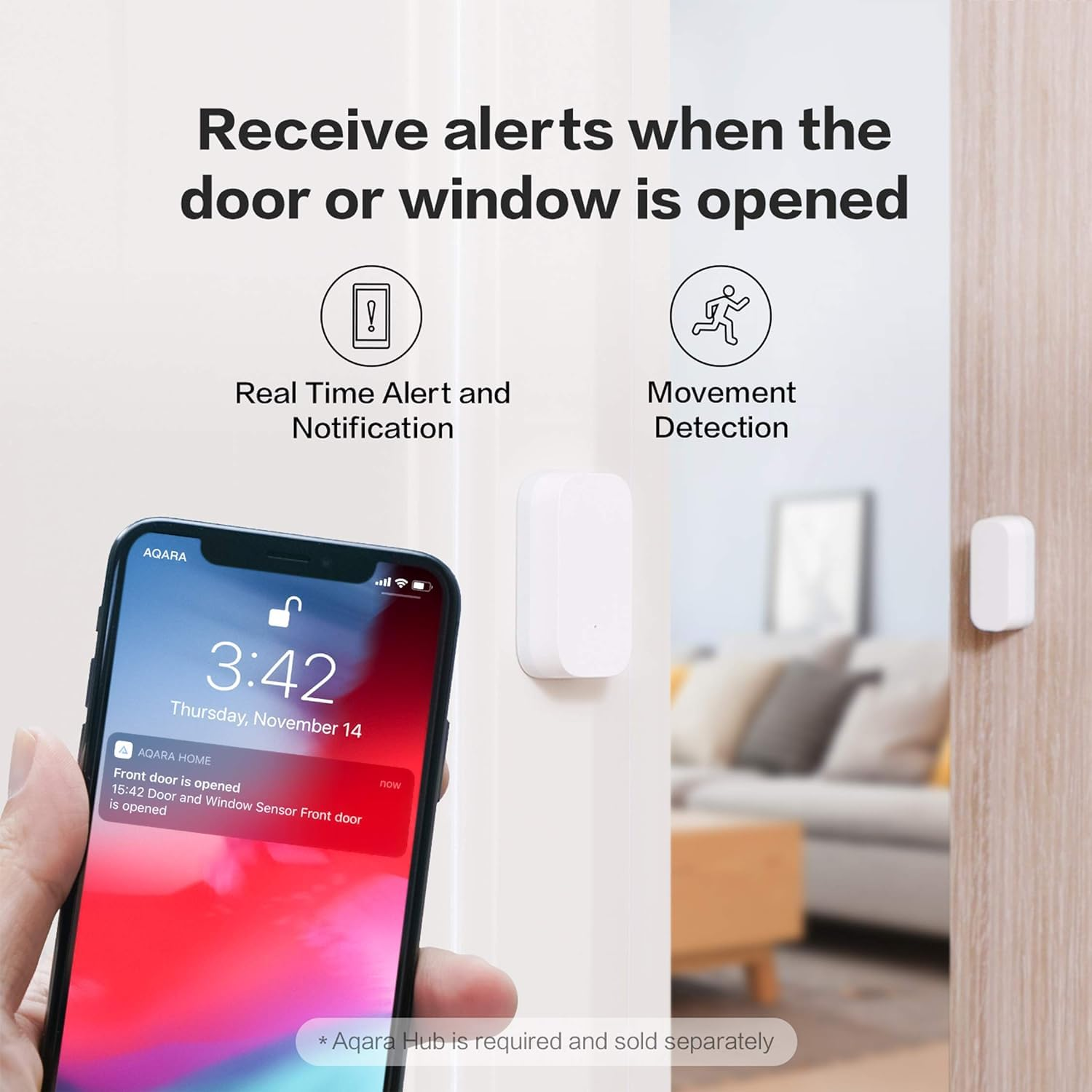Smartphone zeigt Türwarnung neben einem Funksensor an.
