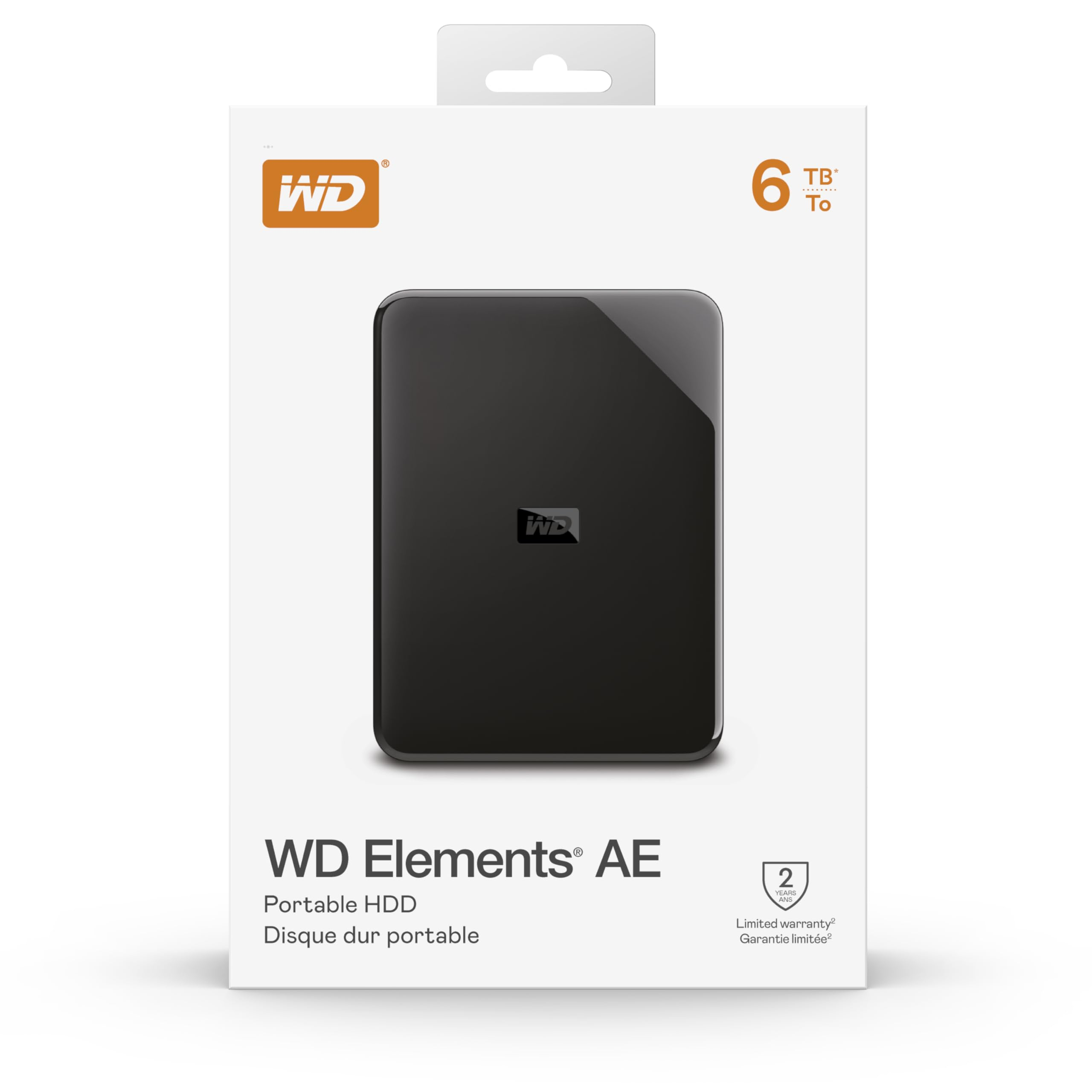 Verpackung der schwarzen tragbaren 6-TB-Festplatte WD Elements AE auf weißem Hintergrund.