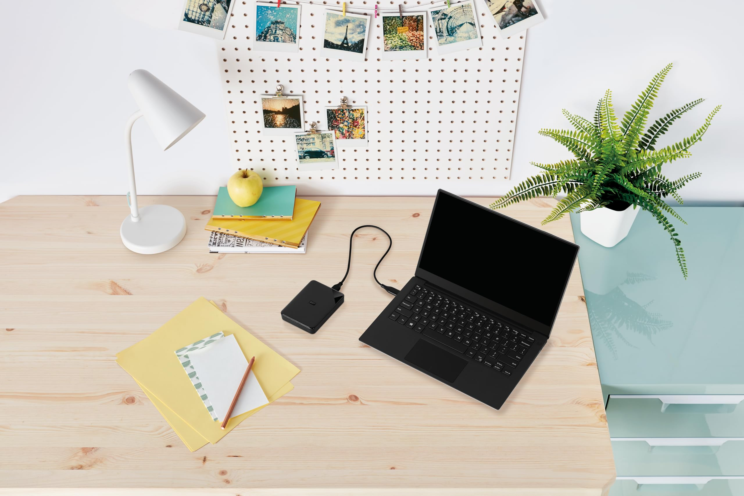 Ein Holztisch mit Laptop, externer Festplatte, Notizbuch, Lampe und Pflanzen.