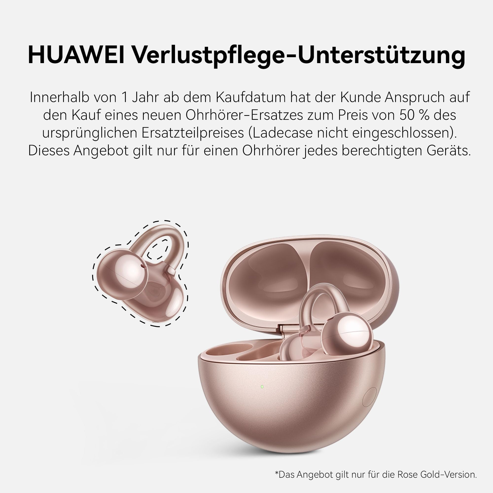 Promozione Huawei con auricolari wireless color oro rosa e custodia.