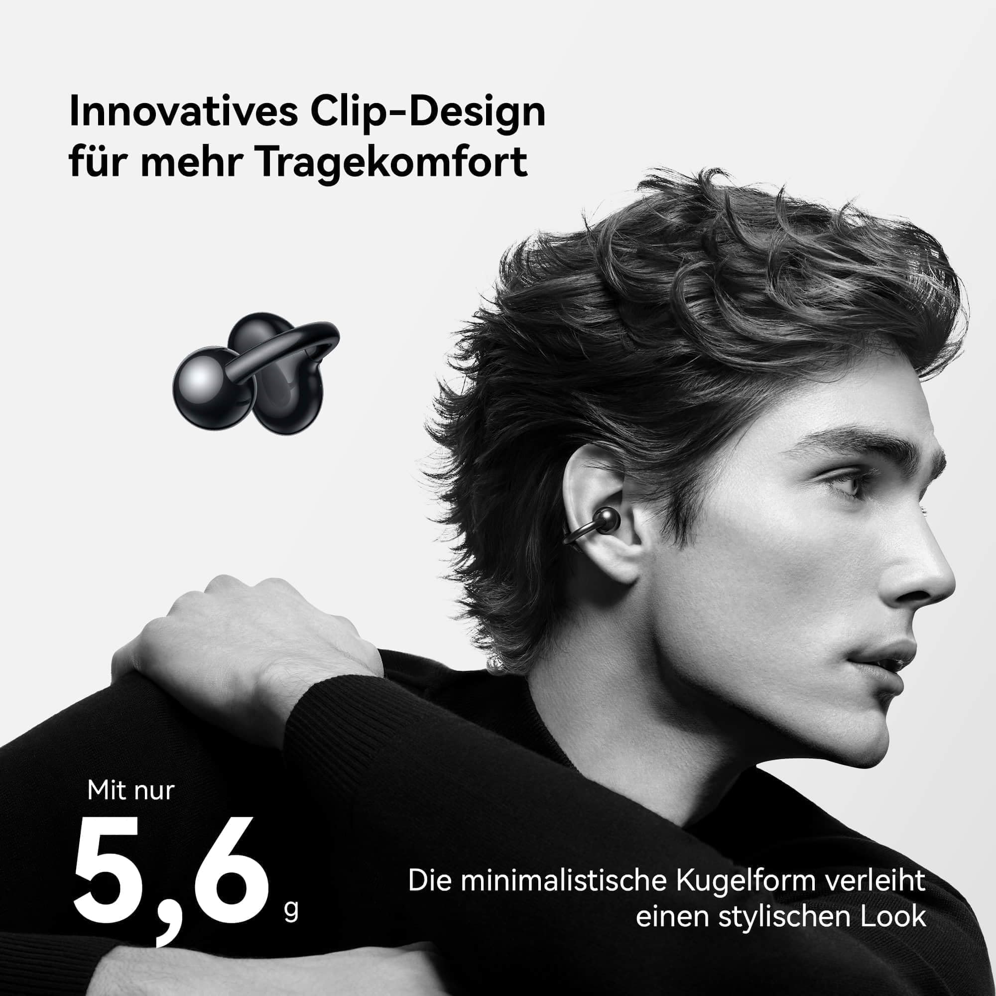 Un uomo indossa un auricolare a clip nero. Il testo evidenzia il design leggero.
