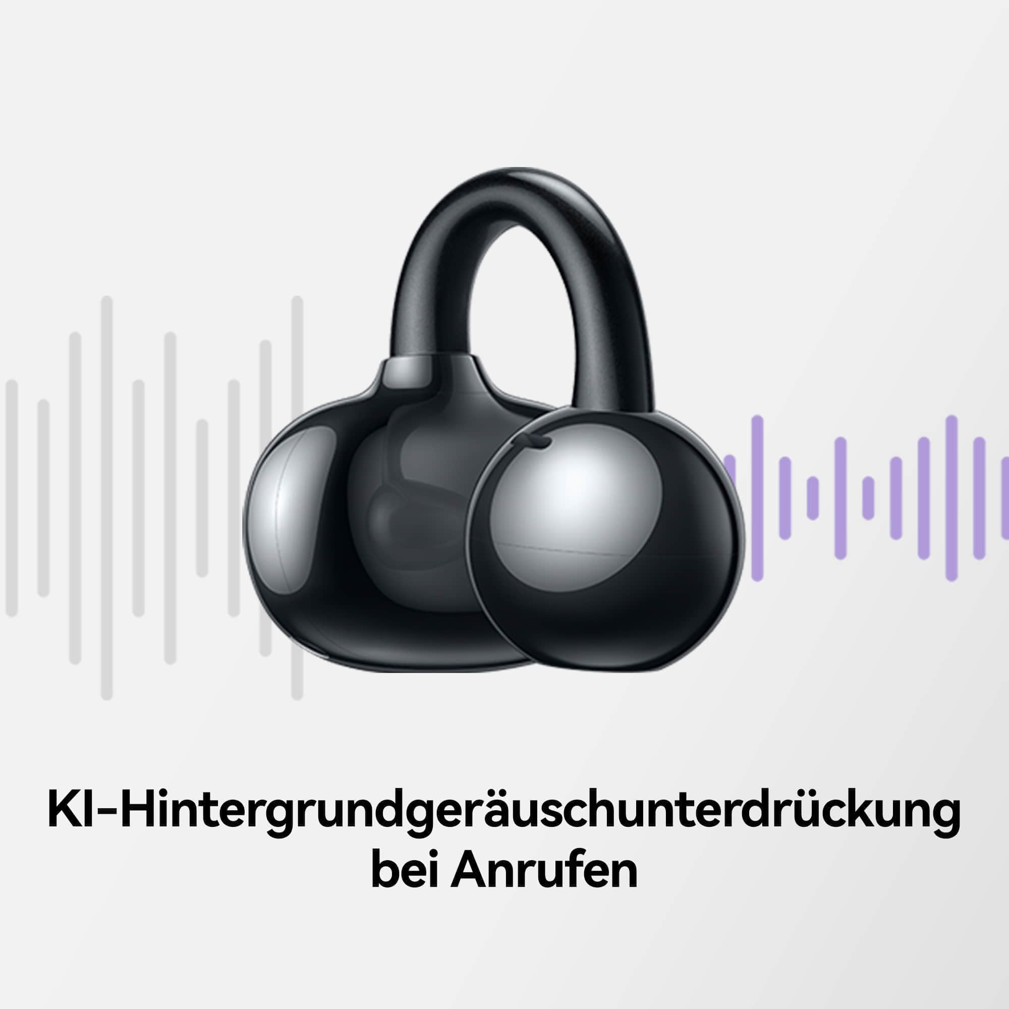 Cuffie in-ear nere su sfondo chiaro con onde audio verticali e testo in basso.
