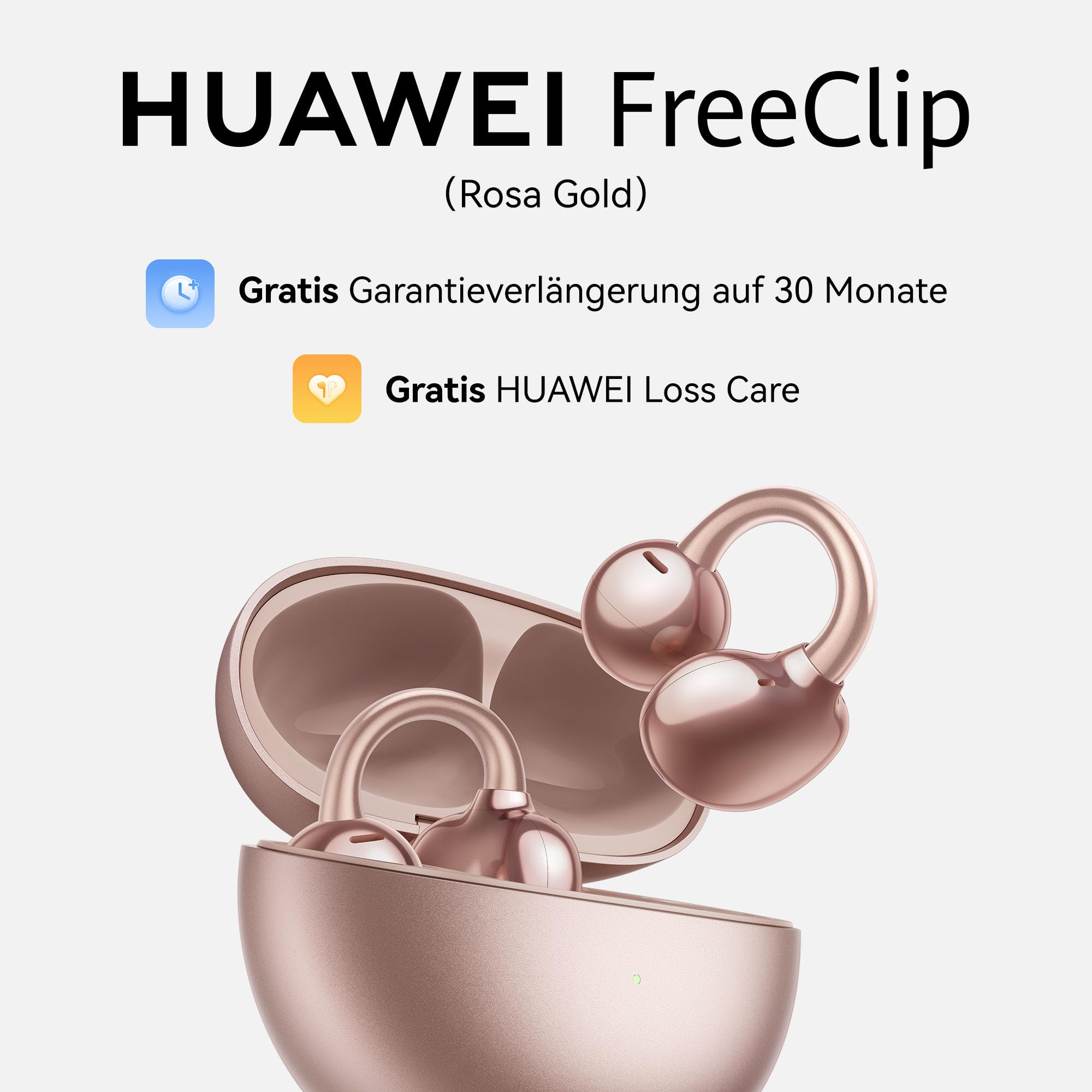 Auricolari Huawei FreeClip oro rosa con custodia di ricarica e testo promozionale.