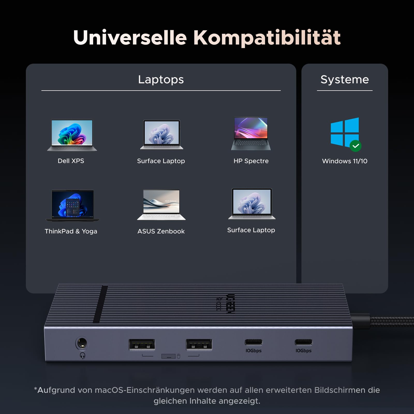 Una docking station con varie porte e compatibilità con laptop e Windows.