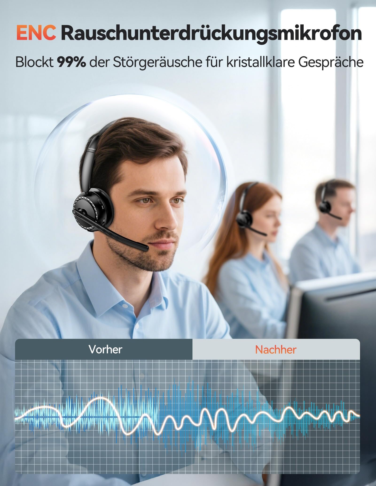 Ein Mann mit Headset arbeitet in einem Büro, umgeben von Grafikmustern.