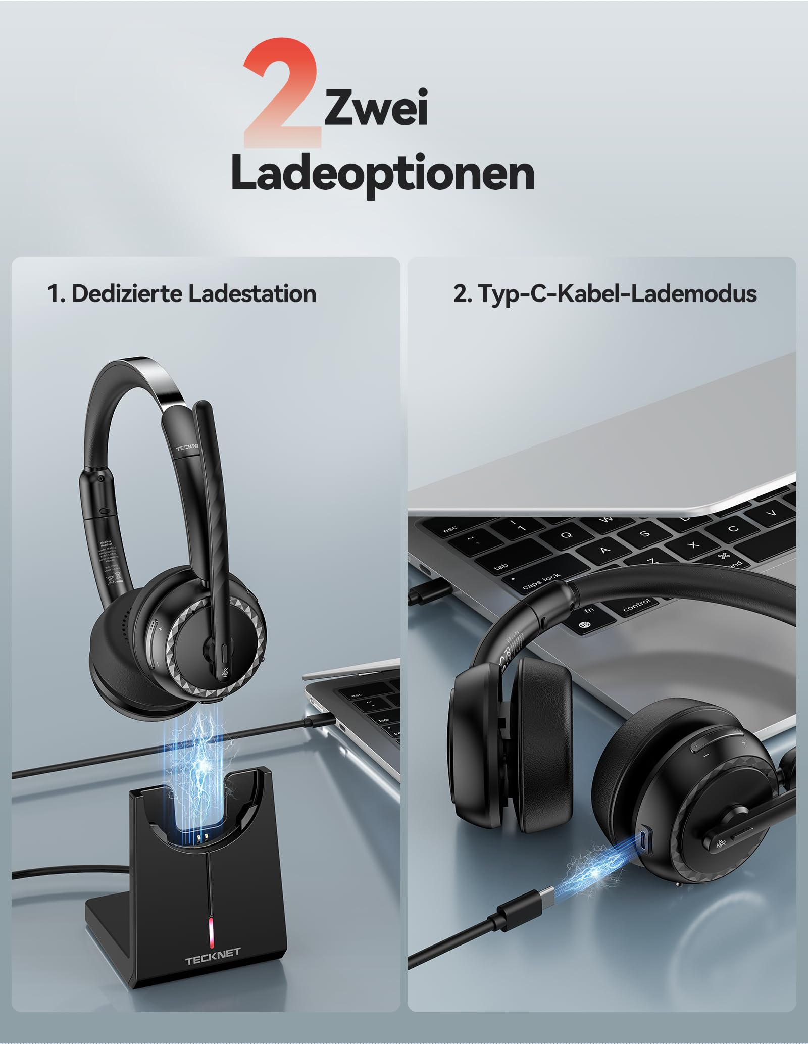 Grafik zeigt zwei Ladeoptionen für ein Tecknet-Headset: eine Ladestation und ein Typ-C-Kabel.