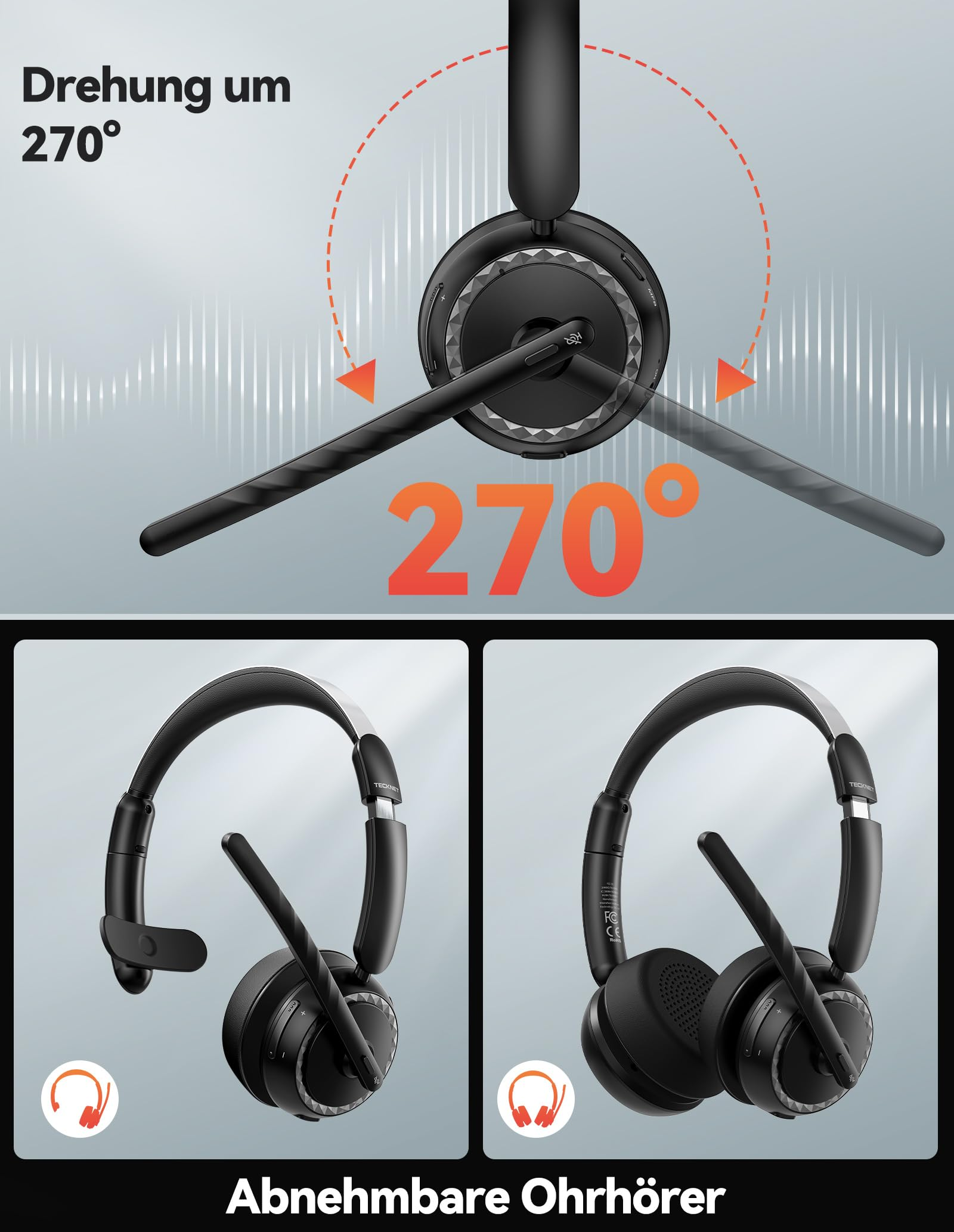 Schwarzes Headset mit 270 Grad drehbarem Mikrofon und abnehmbaren Ohrhörern.