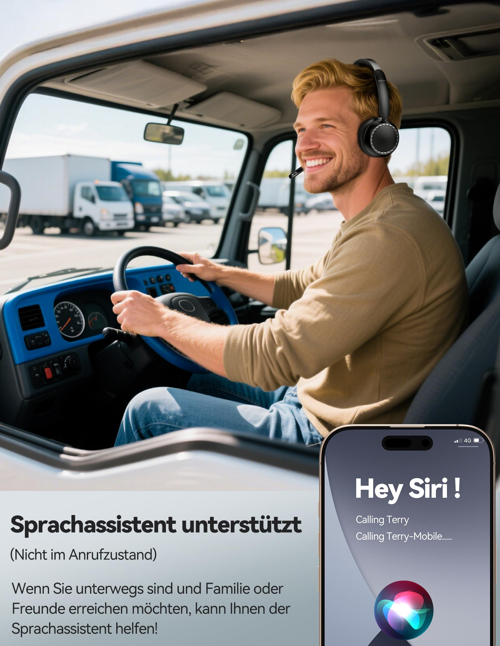 Lkw-Fahrer mit Headset lächelt und steuert sein Fahrzeug, während ein Smartphone Siri anzeigt.
