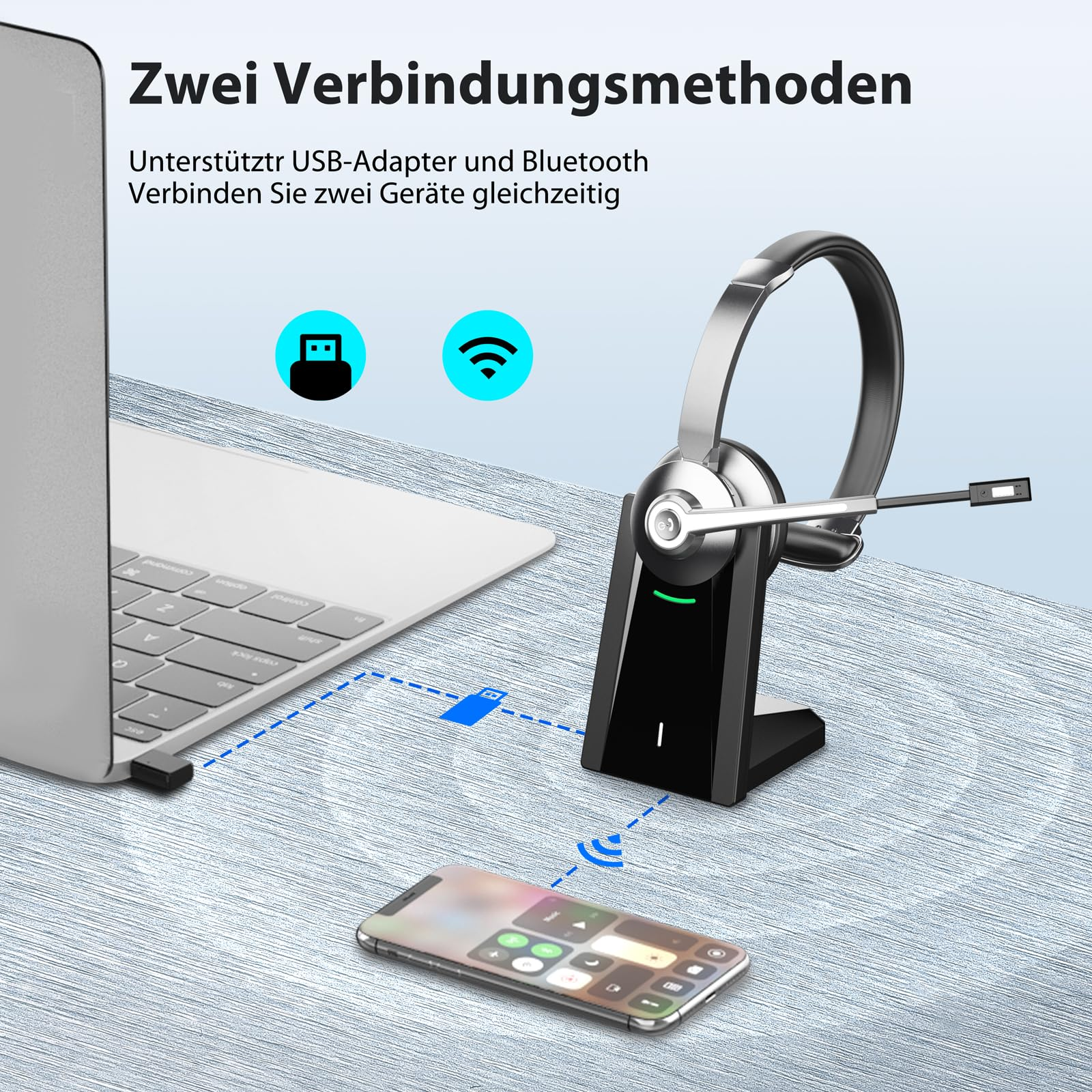 Ein kabelloses Headset auf einer Ladestation, verbunden mit einem Laptop und Smartphone.
