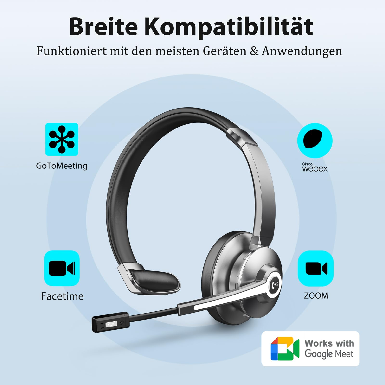 Kabelloses Headset mit Mikrofon auf blauem Hintergrund mit App-Logos wie Zoom und Facetime.