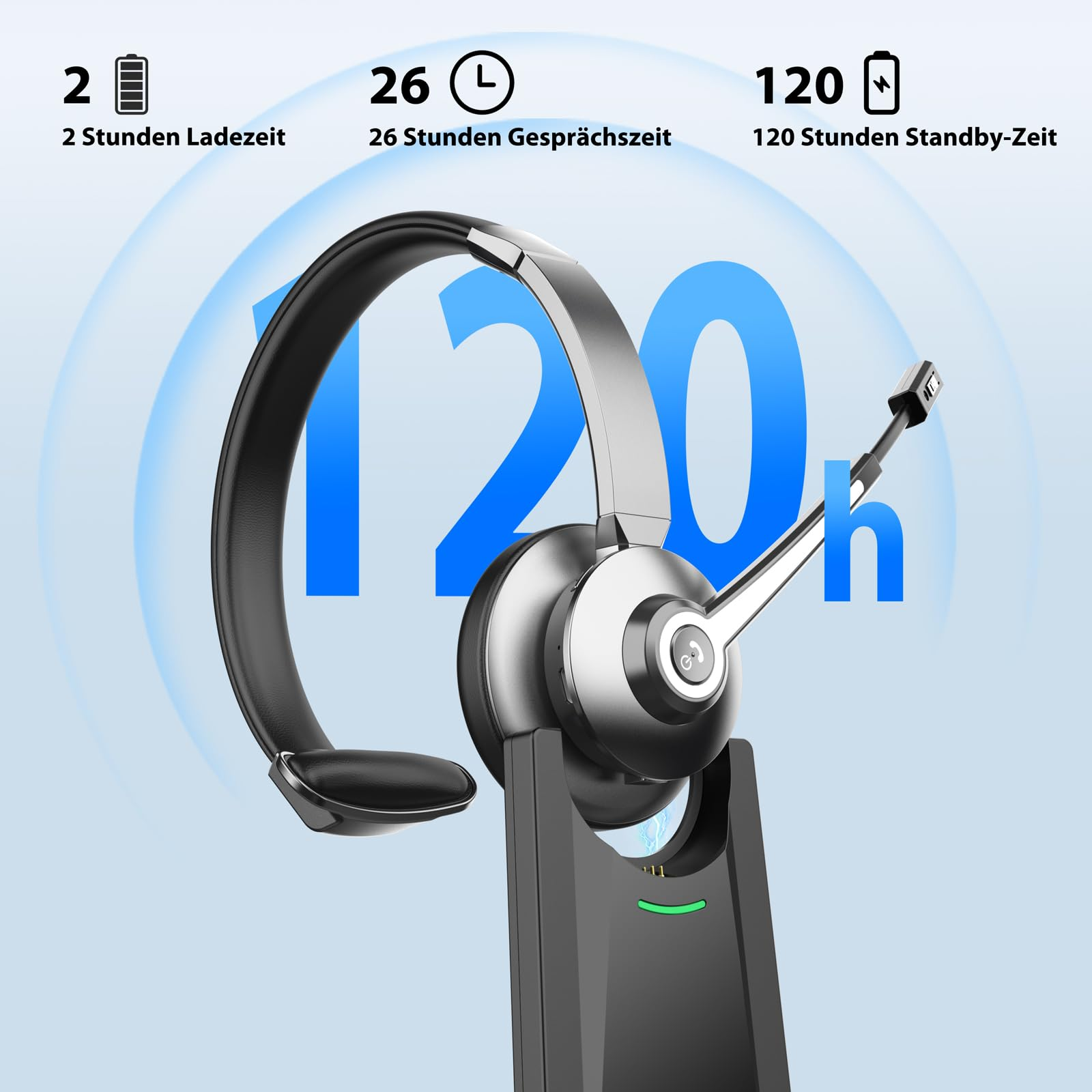 Schwarzes Headset auf Ladestation mit Icons für Ladezeit, Gesprächszeit und Standby.