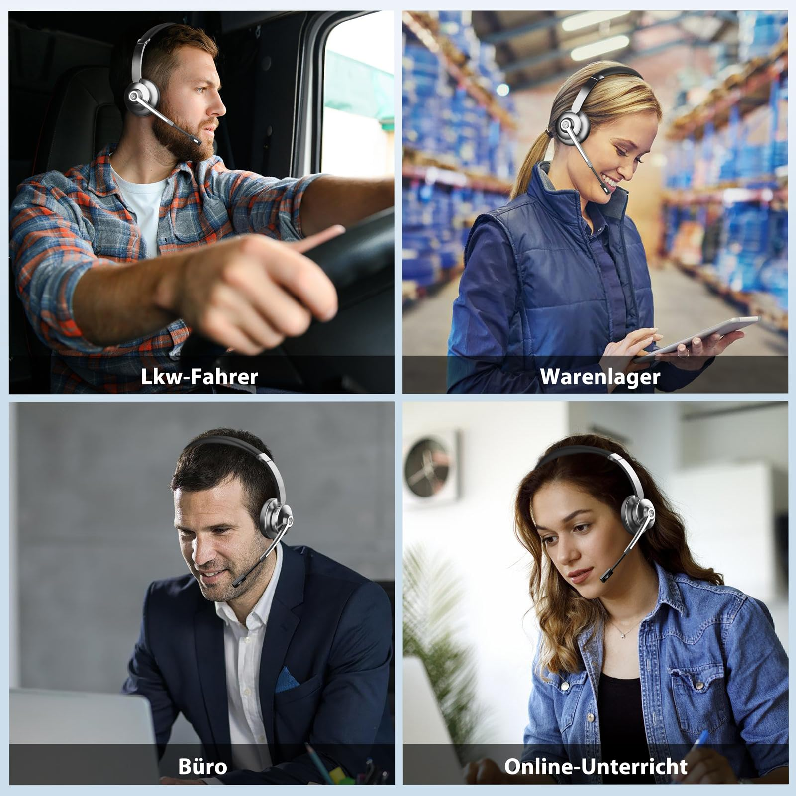 Vier Bilder zeigen Menschen mit Headset in verschiedenen Situationen: Lkw, Lager, Büro und Online-Unterricht.