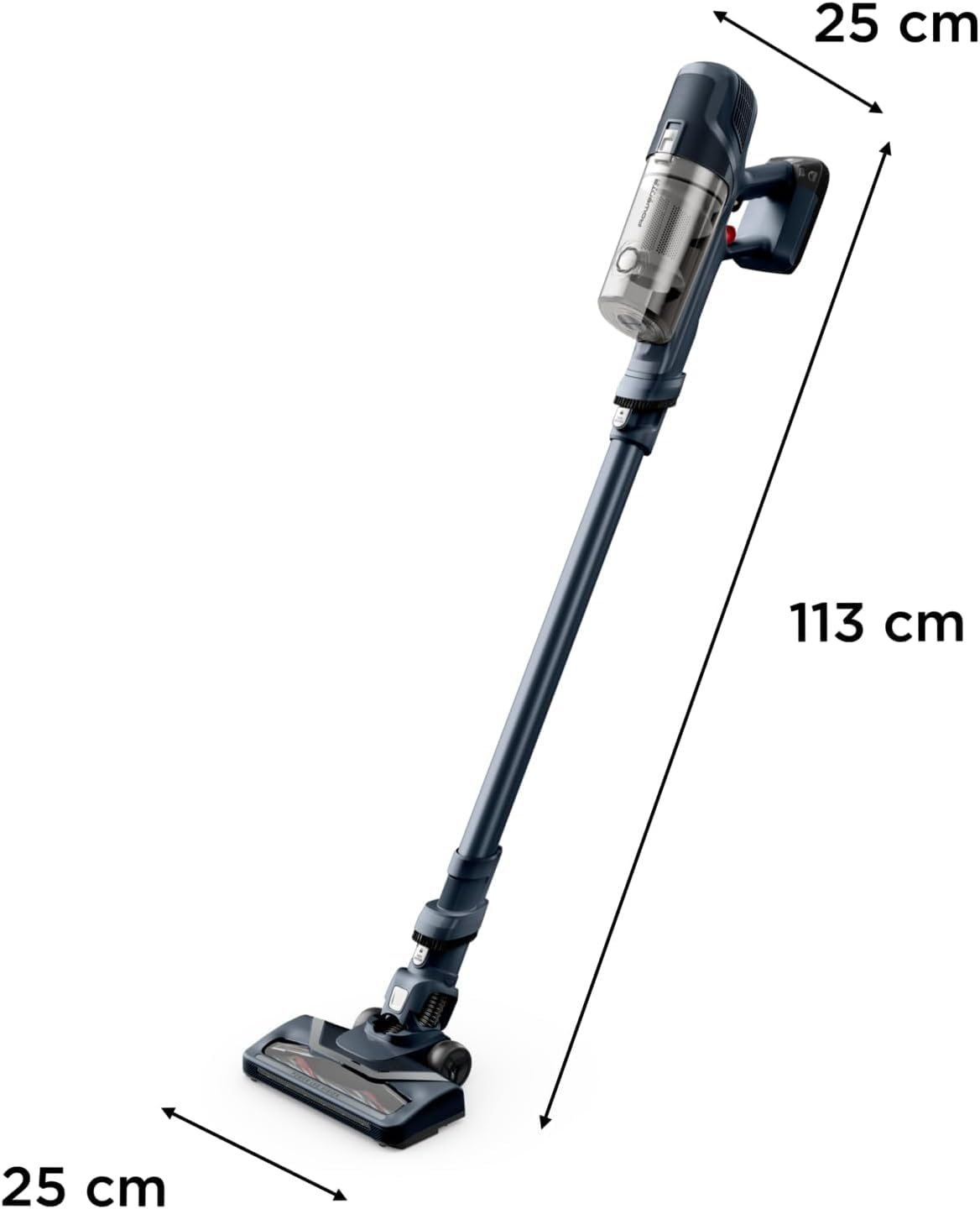 Un aspirapolvere cordless blu con dimensioni: 113 cm di altezza, 25 cm di larghezza e profondità, su sfondo bianco.