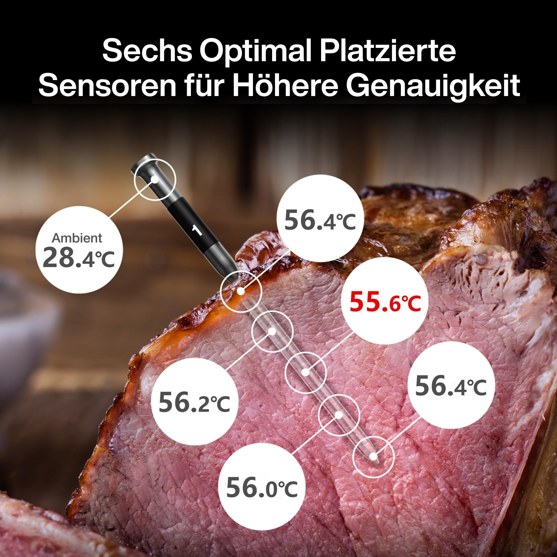 Ein Fleischthermometer in einem Braten zeigt mehrere Temperaturmesswerte an verschiedenen Messpunkten an.