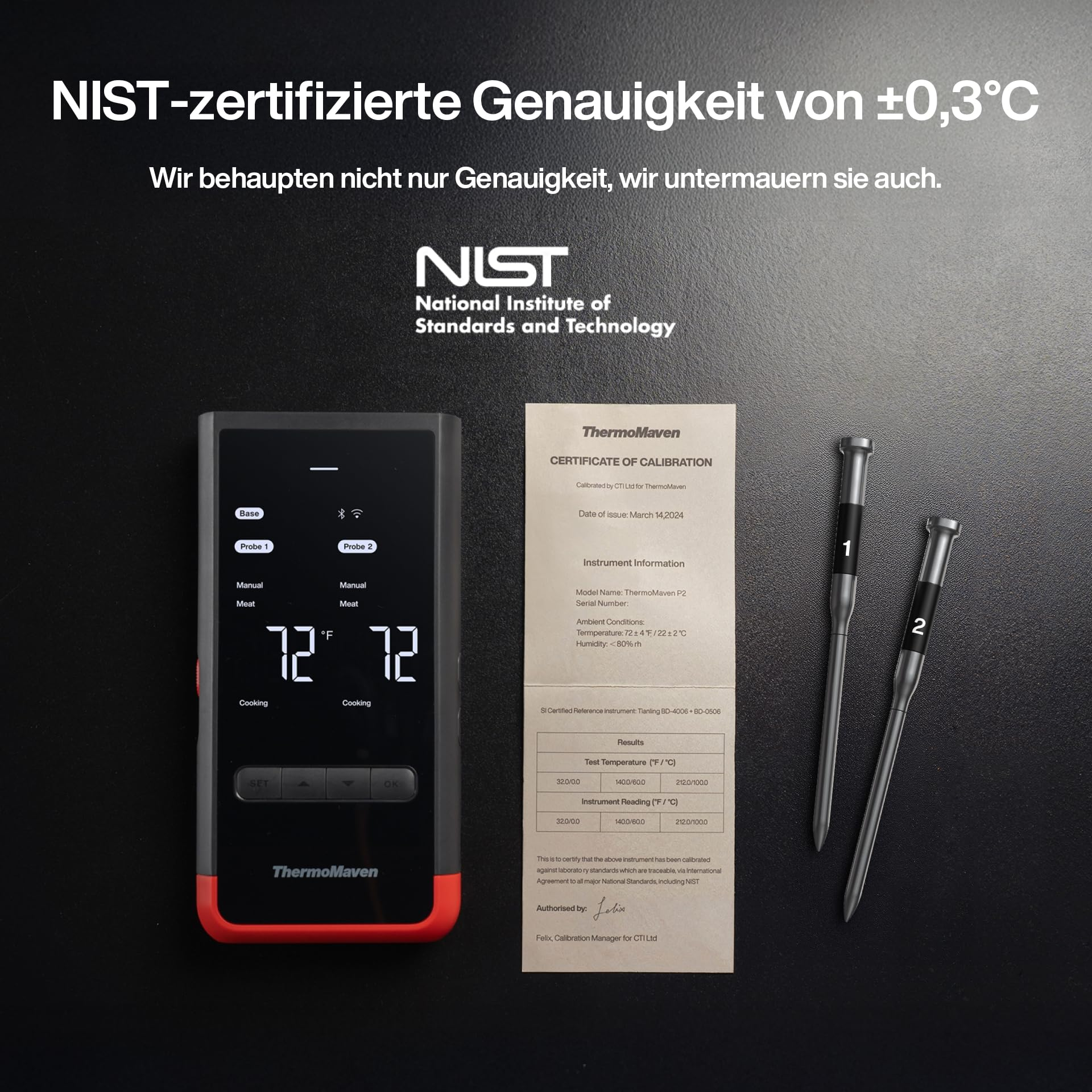 ThermoMaven Thermometer mit Zertifikat und zwei Sonden auf dunklem Untergrund.
