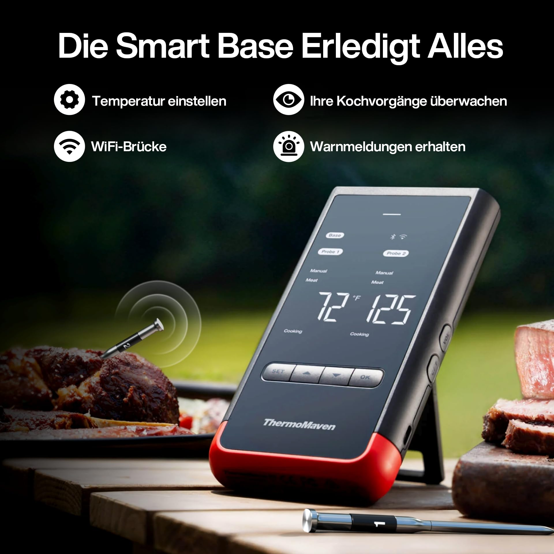 Smart Base Thermometer mit digitaler Anzeige, Sensoren und deutscher Benutzeroberfläche auf Holztisch.