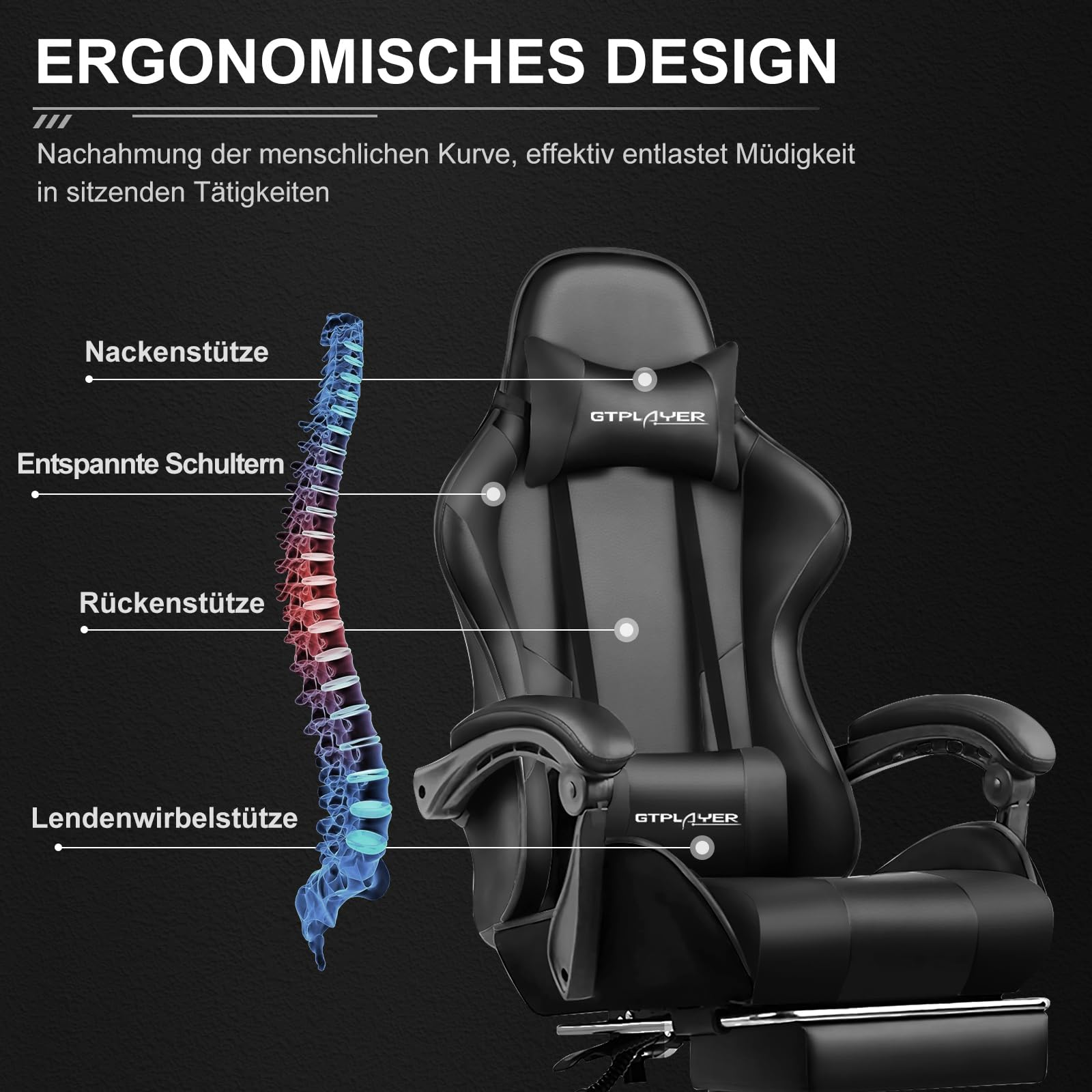 Sedia da gioco nera ergonomica con diagramma della colonna vertebrale e supporto lombare.