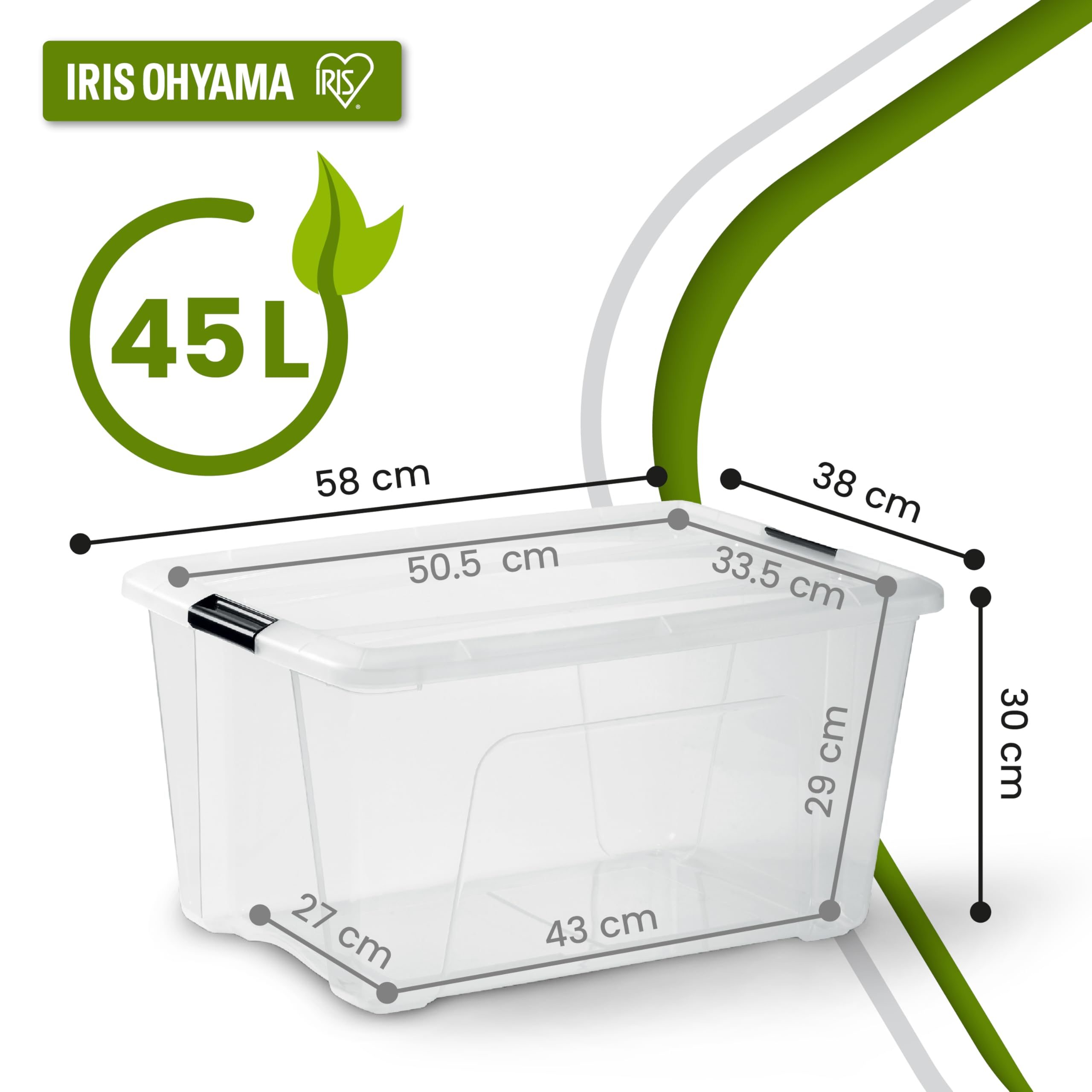 Scatola portaoggetti in plastica trasparente con clip nere e dimensioni, etichettata 45L da Iris Ohyama.
