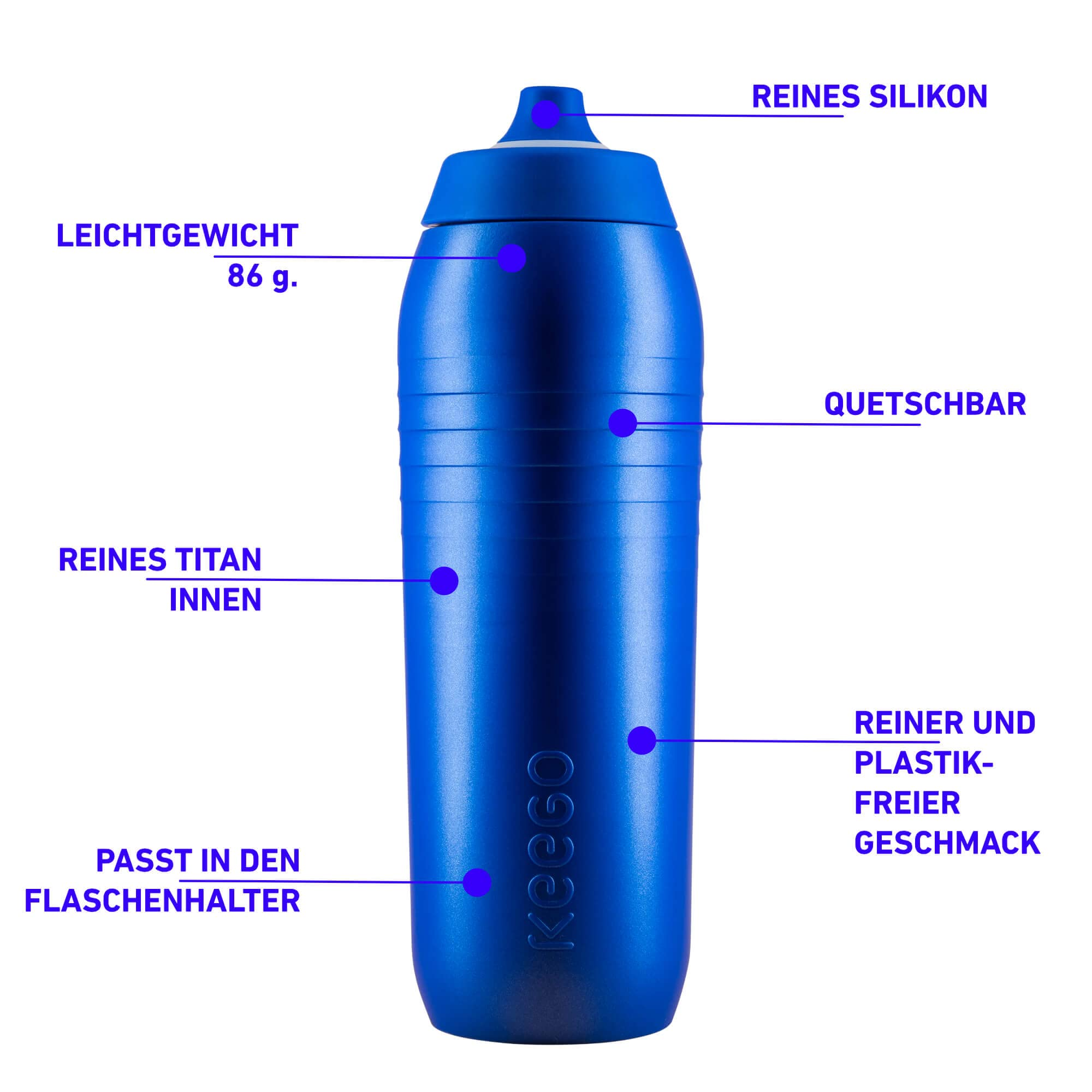 Blaue Keego Wasserflasche mit Eigenschaften wie Titan innen, Quetschbarkeit und leichtem Gewicht von 86g.