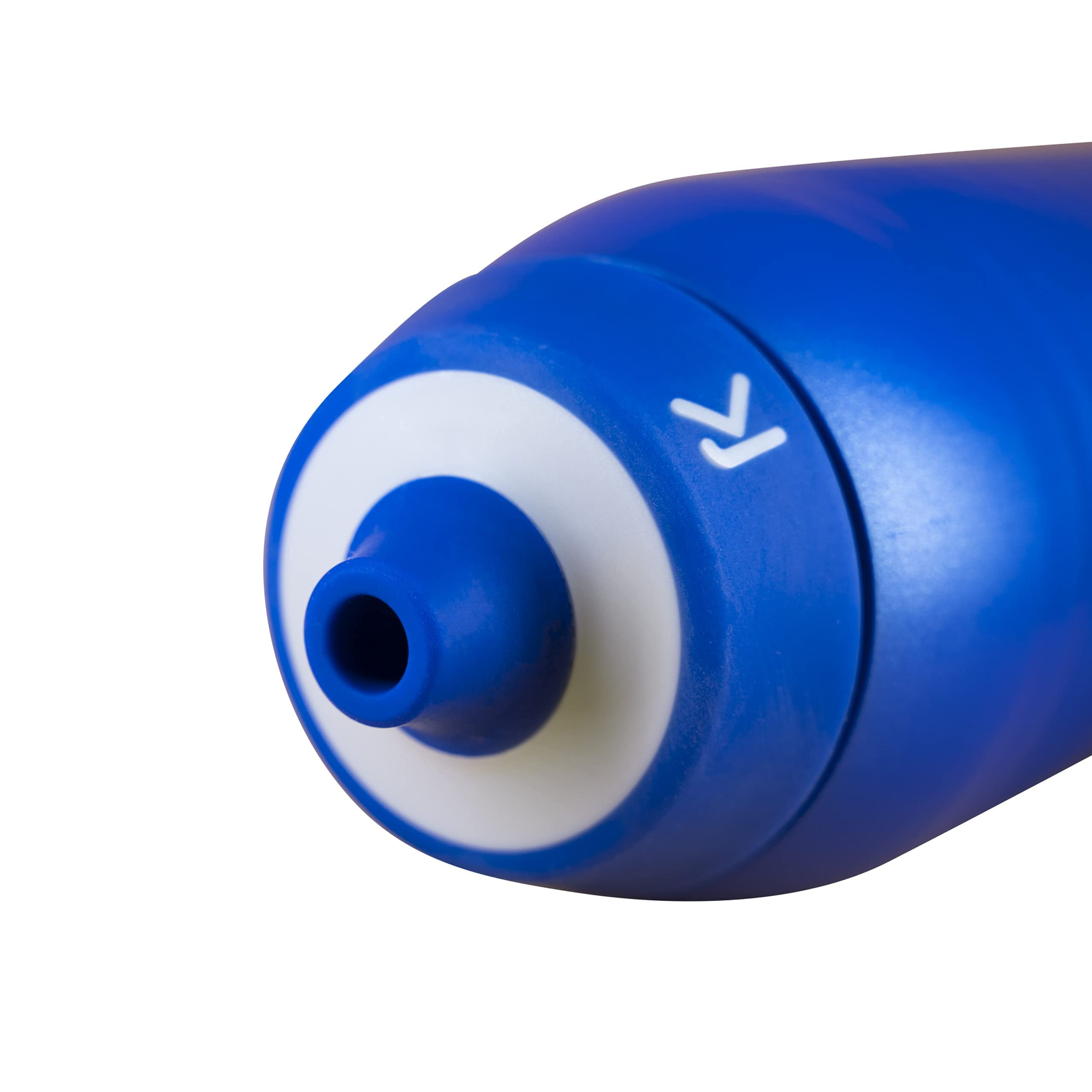 Nahaufnahme der blauen Trinkflasche mit weißem Ring und Ausguss.