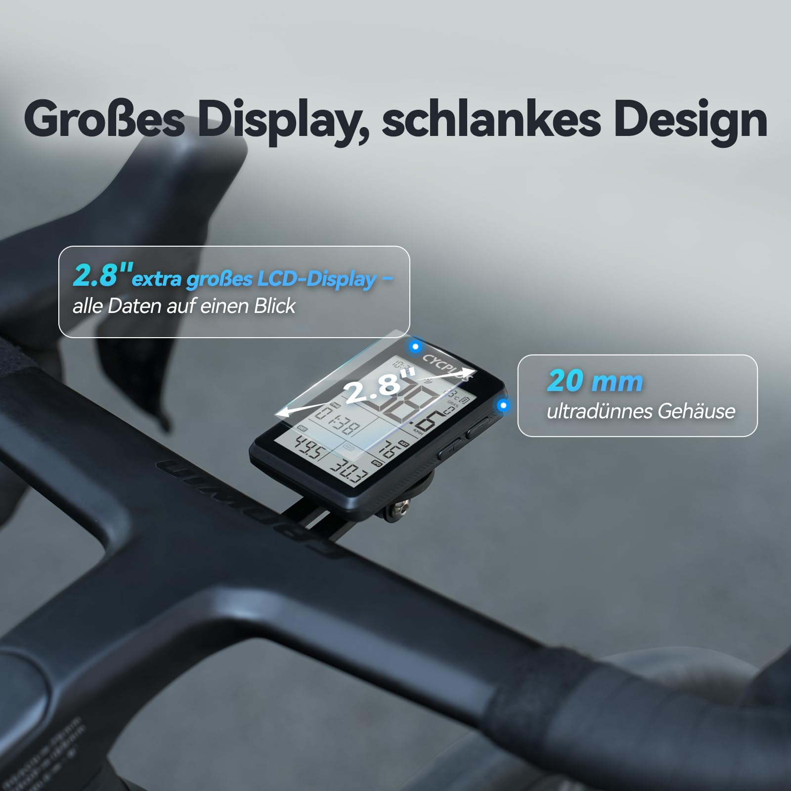 Compteur vélo sur cintre avec texte sur l'écran 2,8 pouces et design fin de 20 mm.