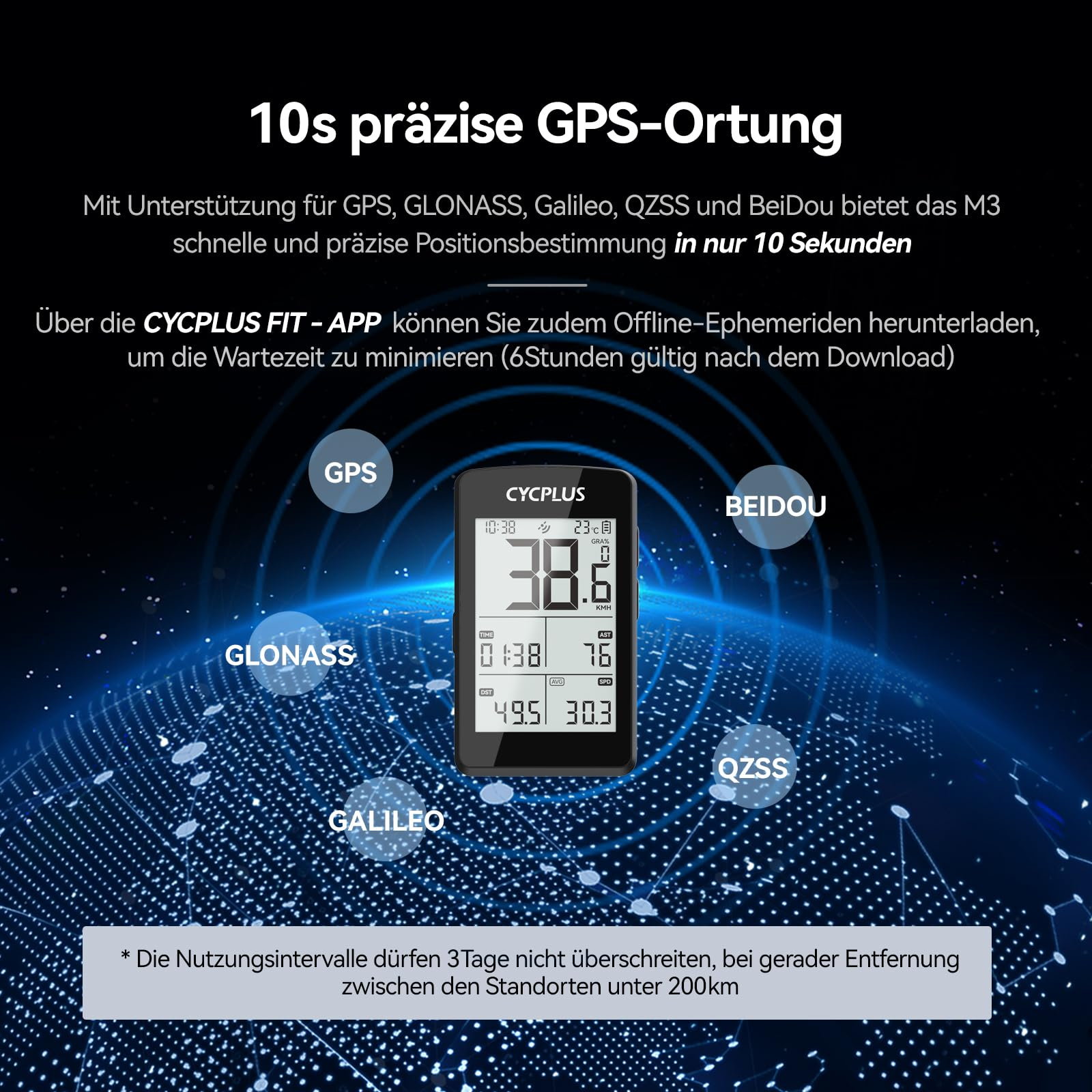 Compteur de vélo sur globe numérique avec icônes GPS, GLONASS, Galileo, QZSS et Beidou.