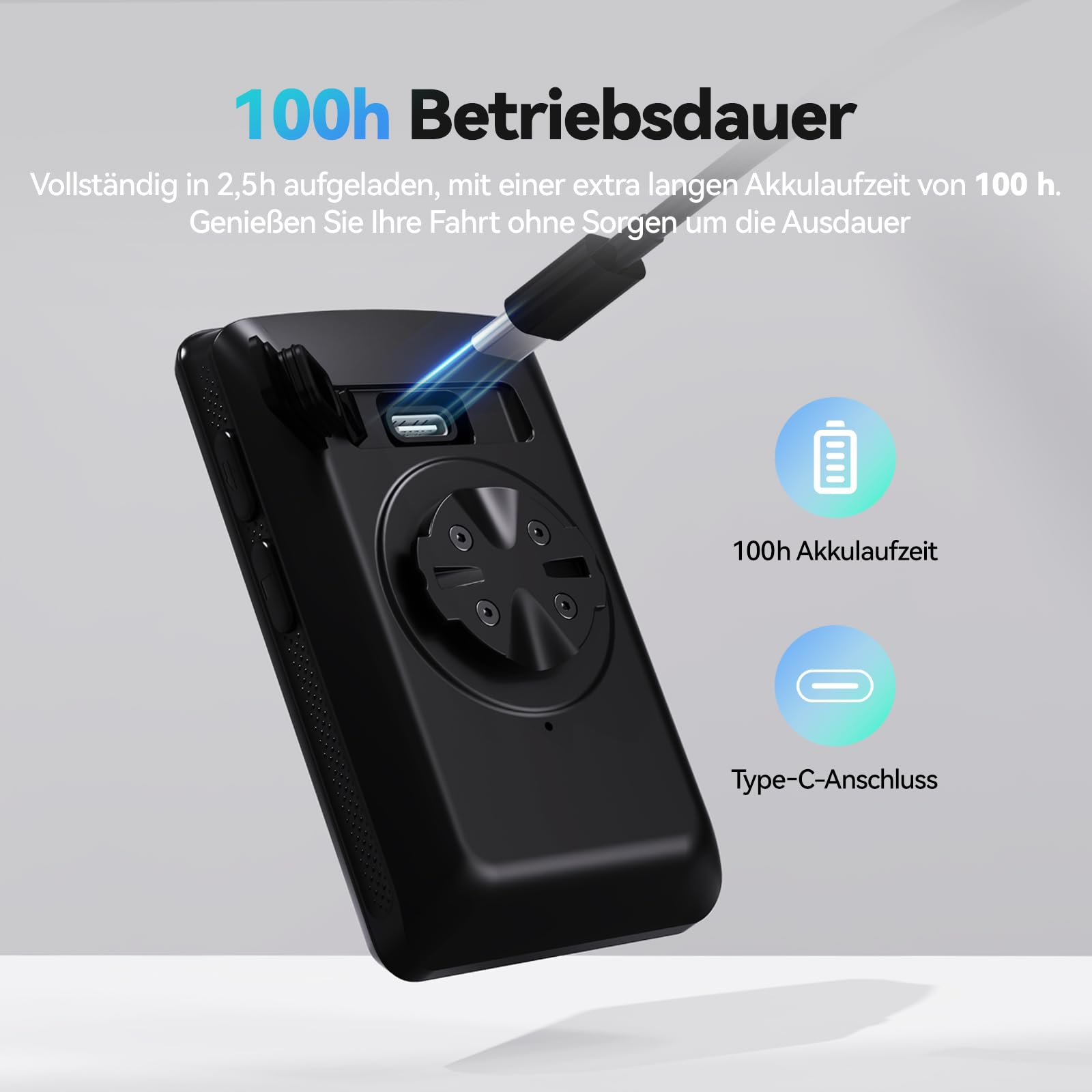 Compteur de vélo noir avec port USB-C et 100 heures d'autonomie.