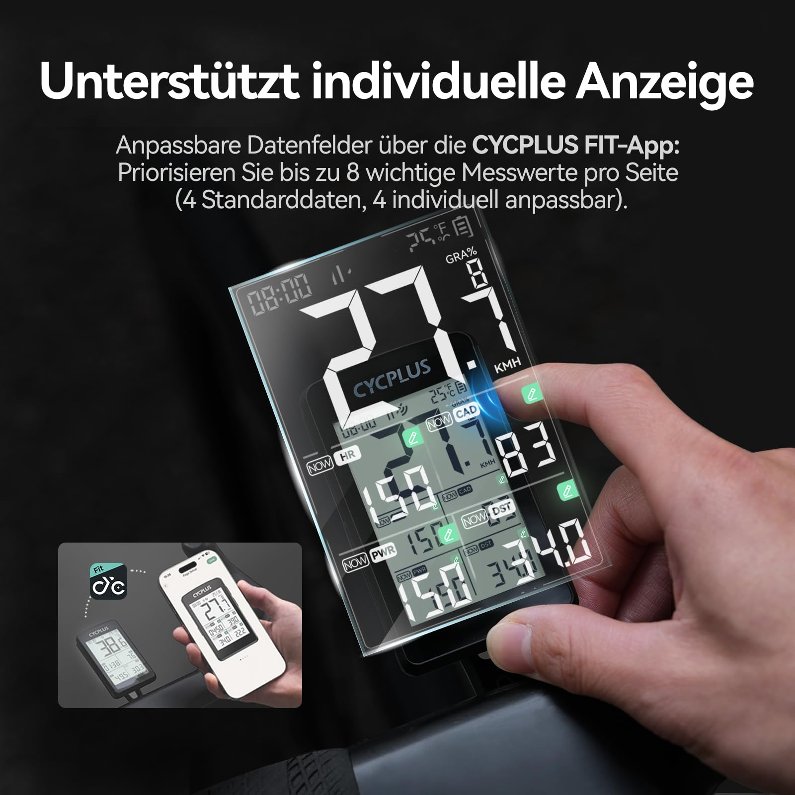 Un doigt touche l'écran d'un compteur de vélo affichant des champs de données personnalisables sur fond sombre.