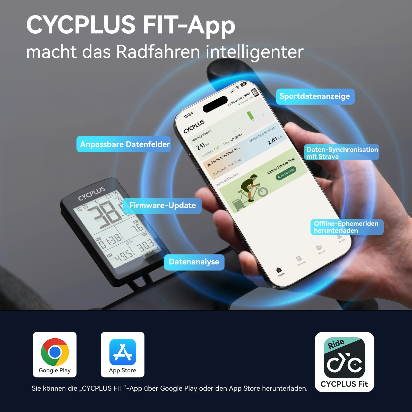 Smartphone avec application CYCPLUS et compteur vélo, étiquettes de fonctions en allemand.