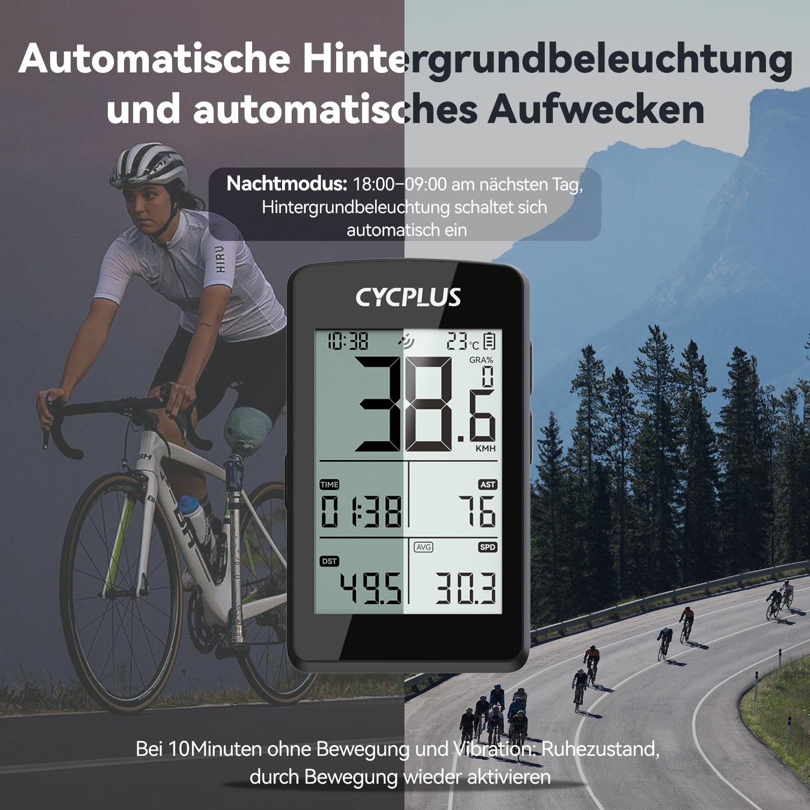 Un compteur de vélo CYCPLUS au premier plan, avec une cycliste à gauche et des cyclistes sur une route à droite.