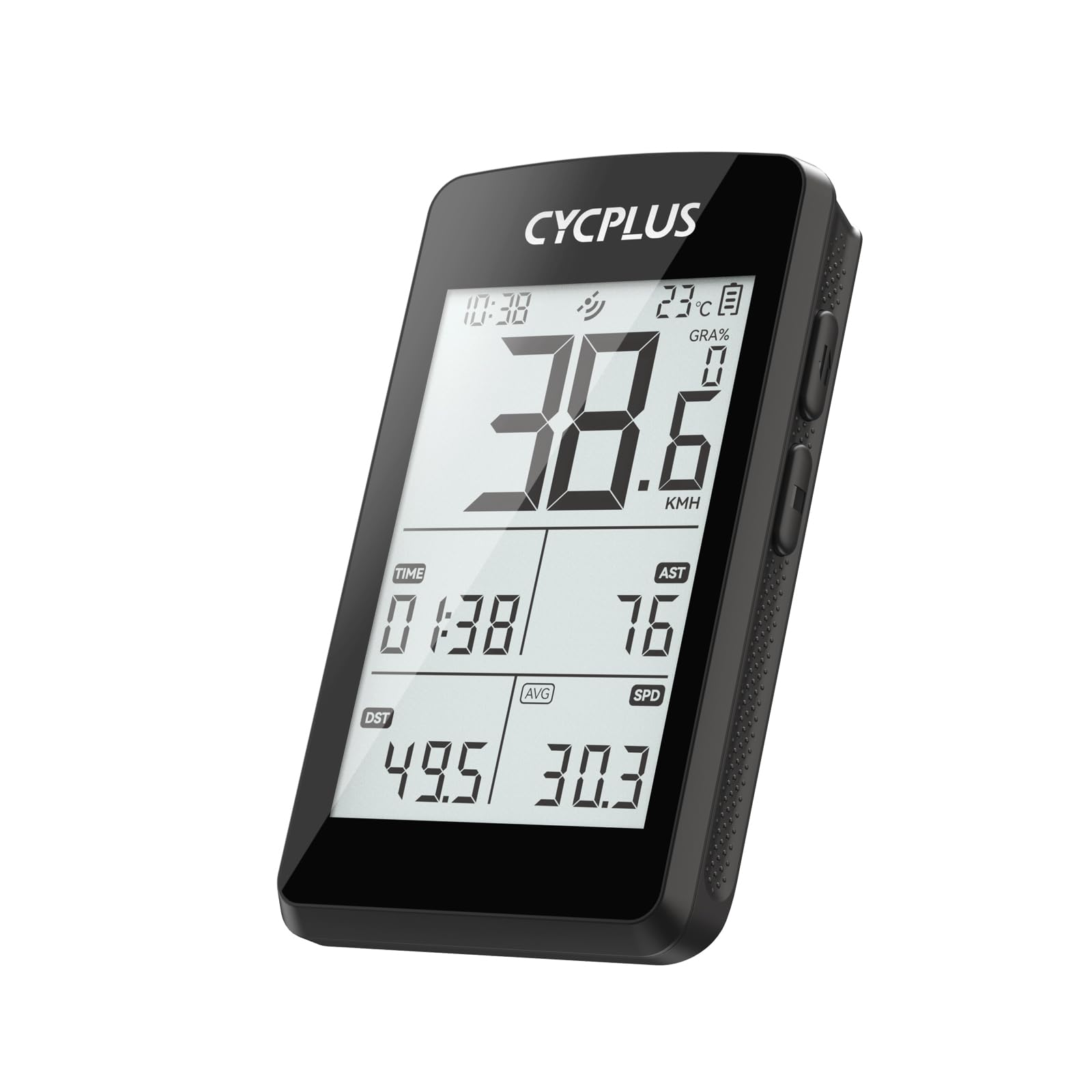 Compteur de vélo noir CYCPLUS avec écran LCD numérique et boutons latéraux.