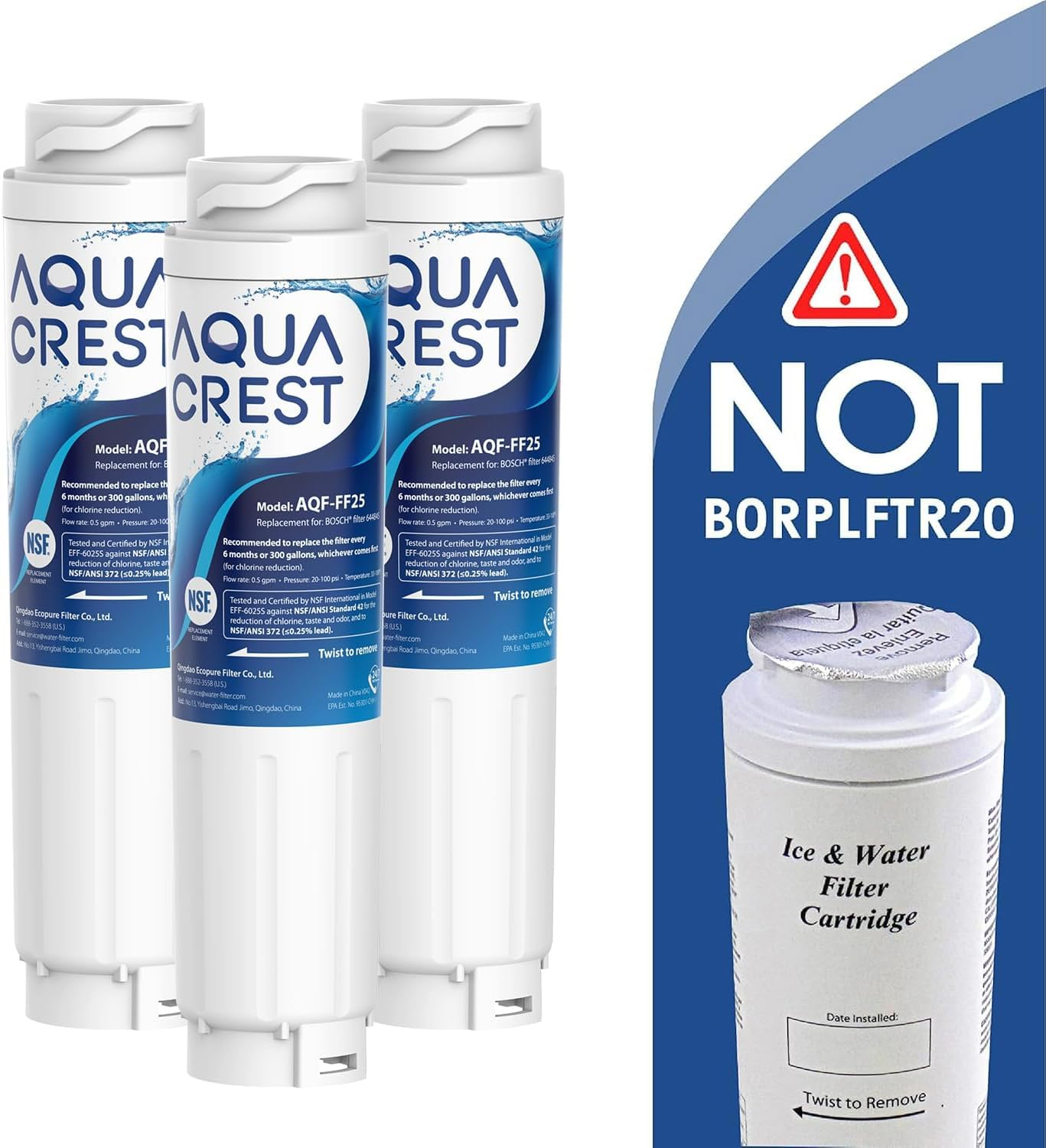 Tre filtri per acqua Aqua Crest e un filtro di ricambio compatibile con testo di avvertenza.