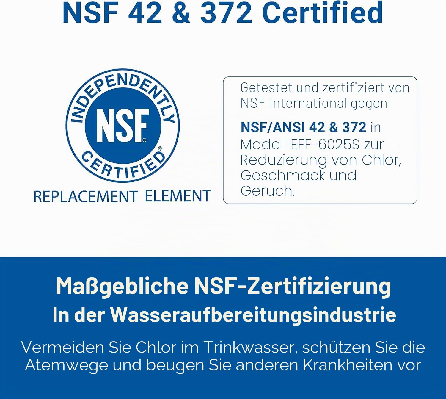 Certificazione NSF 42 e 372 per il trattamento dell'acqua con sigillo NSF e testo in tedesco.