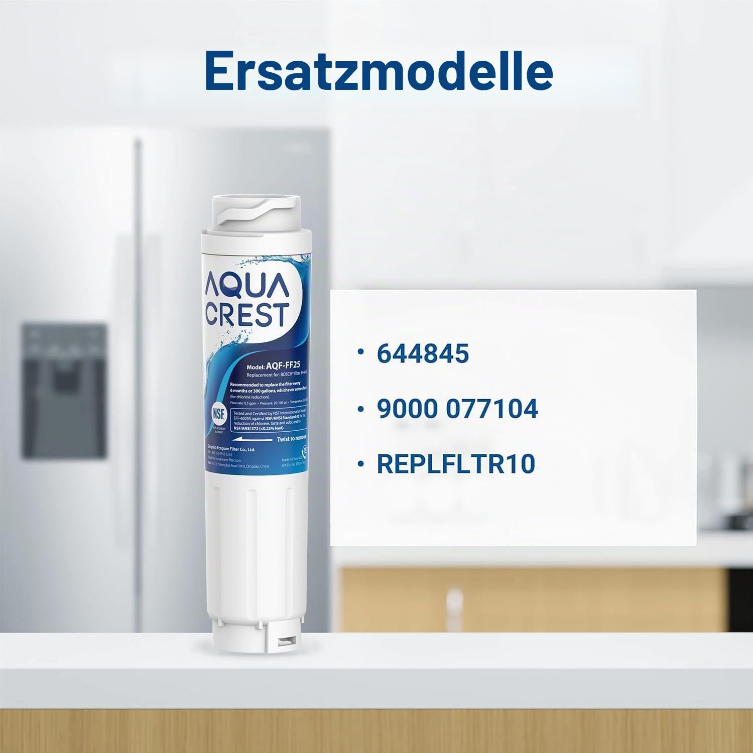 Filtro acqua AQUA CREST con numeri di modello e testo Ersatzmodelle.