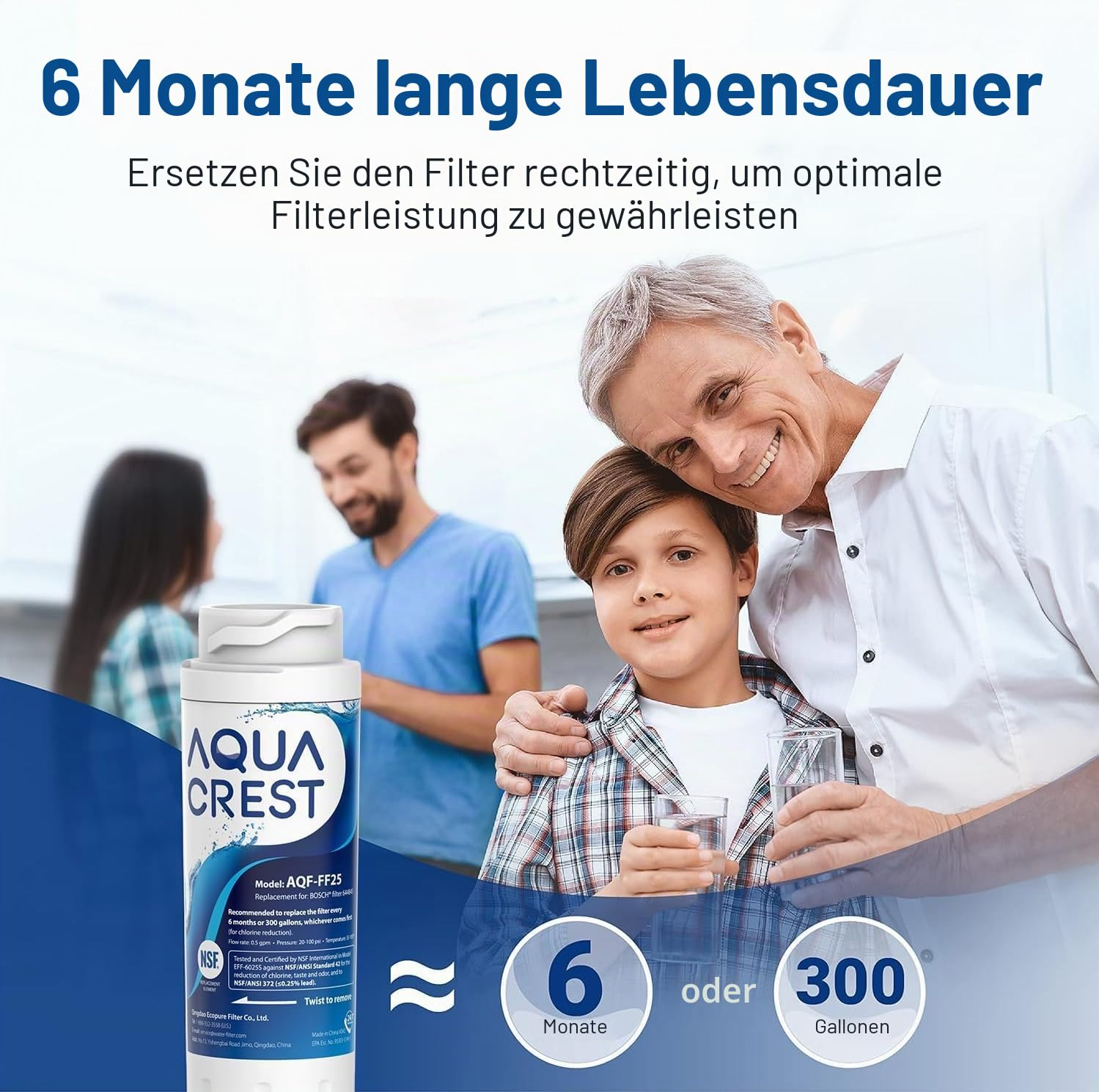 Immagine promozionale per un filtro acqua Aqua Crest con famiglia e prodotto.