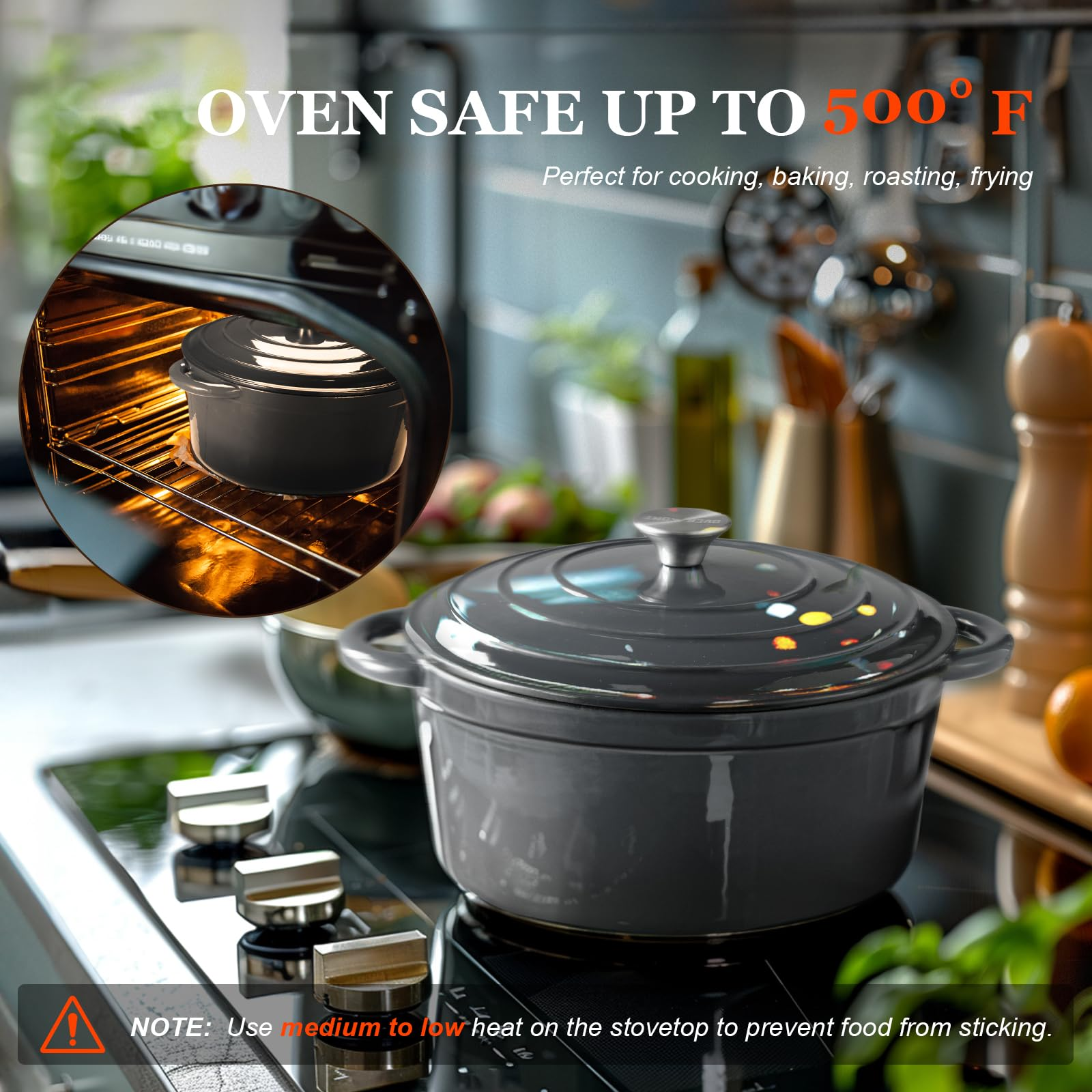 Une cocotte grise sur une cuisinière, montrée au four dans un encadré. Texte indique résistant au four jusqu'à 500 F.