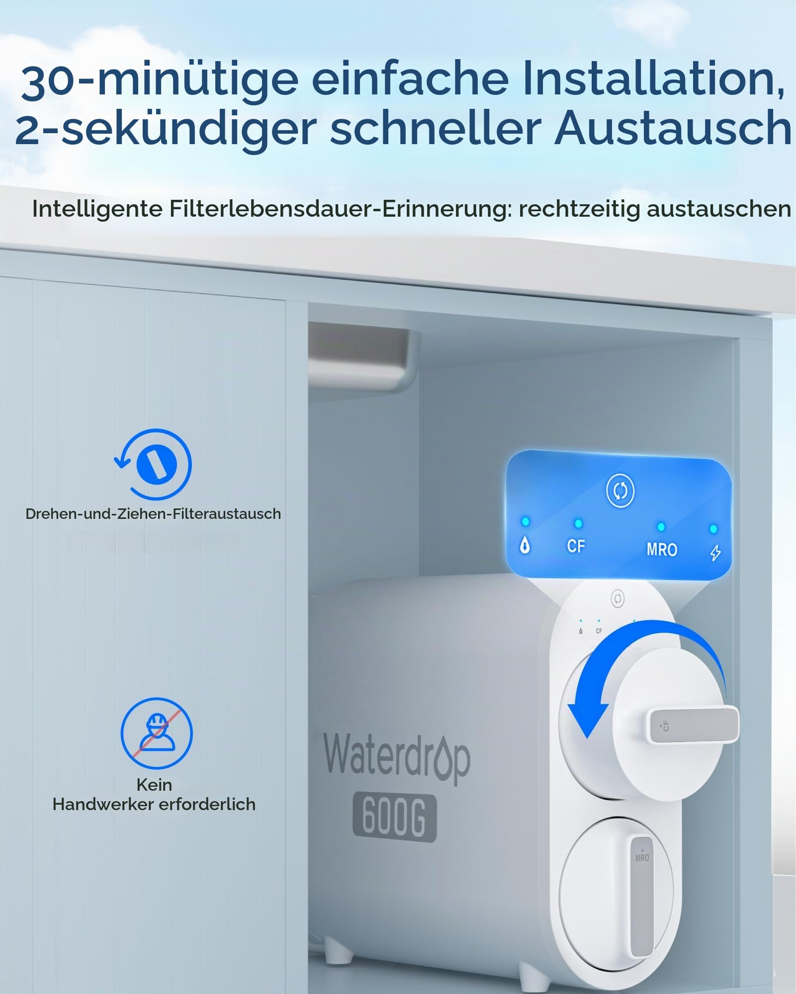 Sistema di filtraggio dell'acqua in un mobile con facile installazione e indicatore.