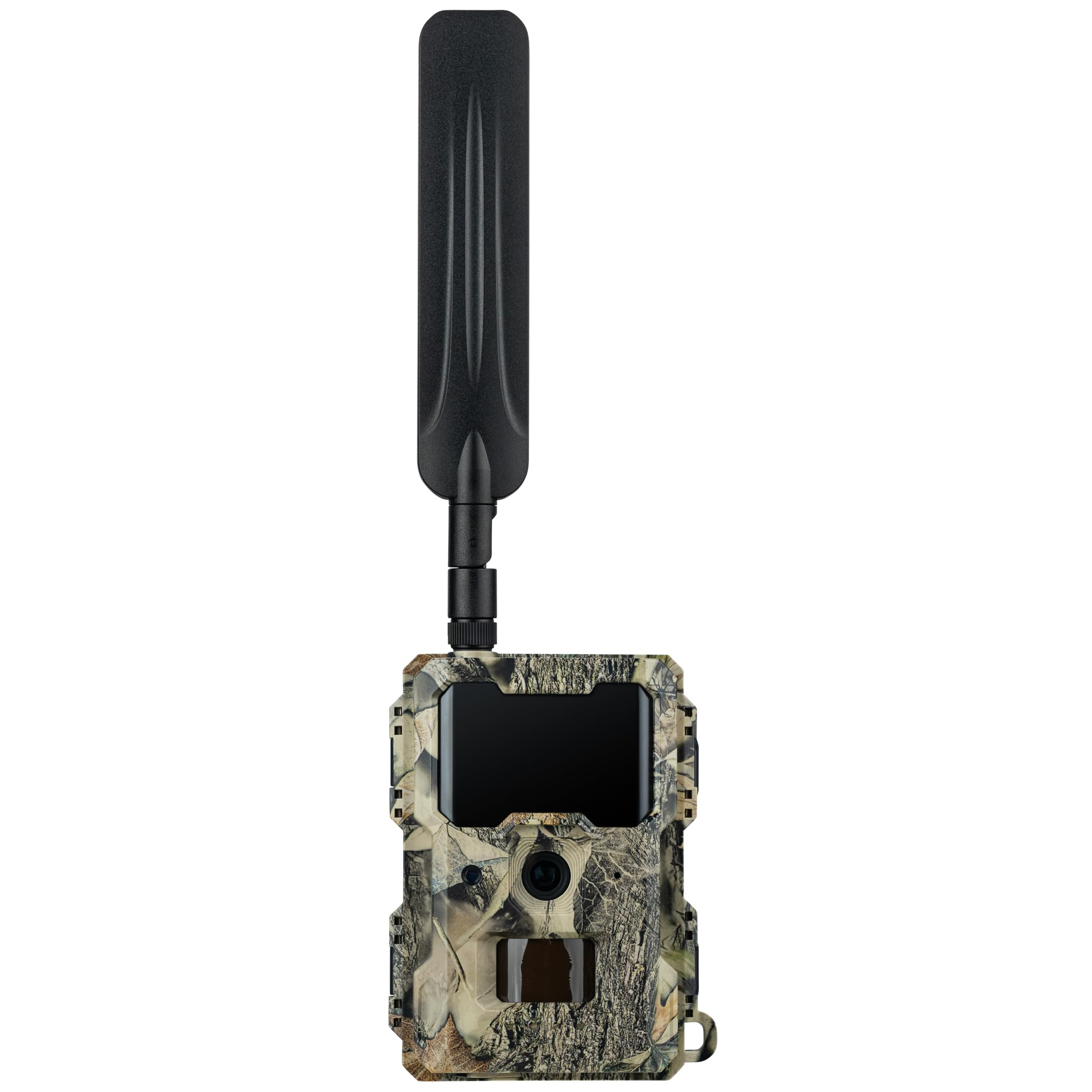 Una fotocamera mimetica da trail con una lunga antenna nera in alto, su sfondo bianco.