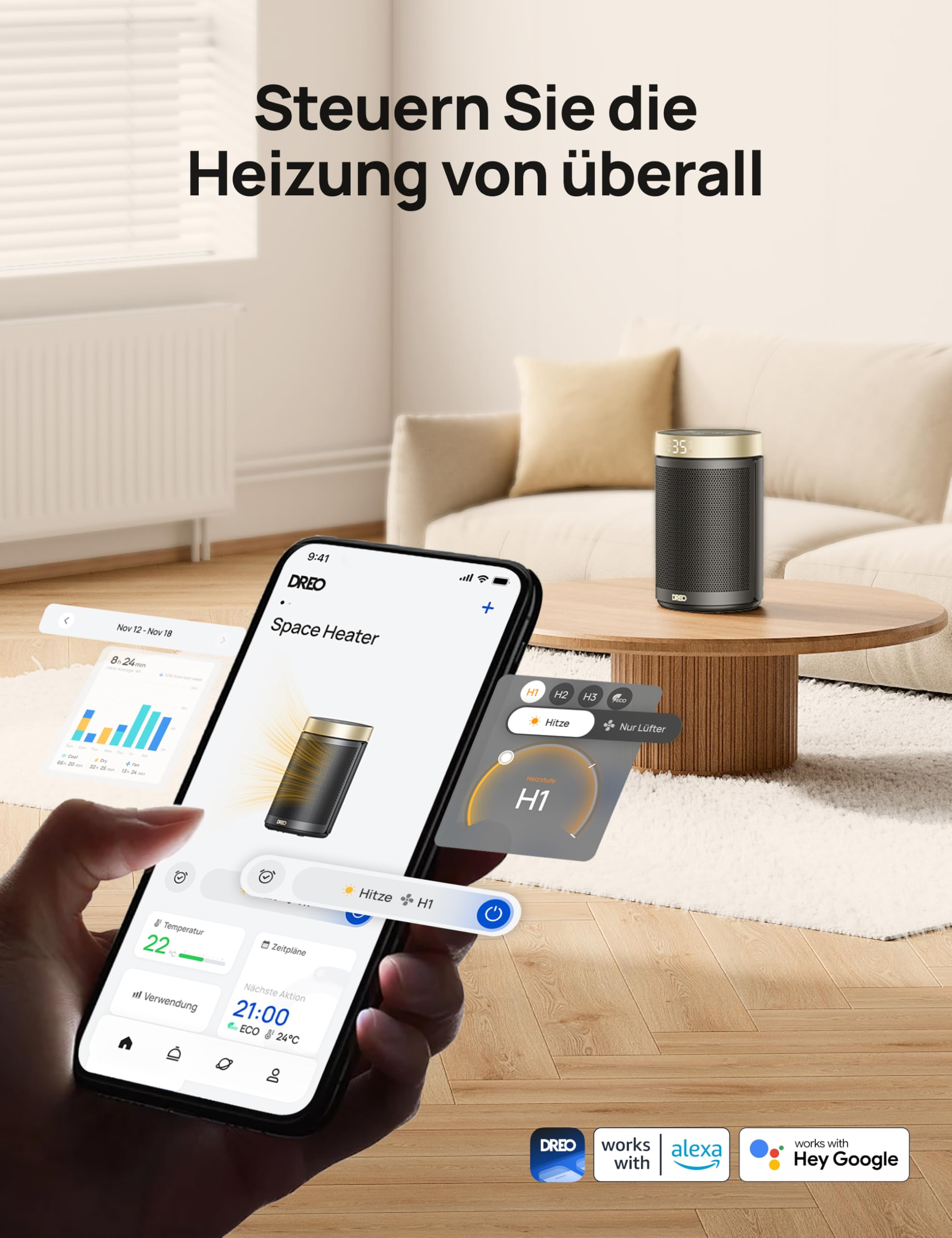 Eine Hand hält ein Smartphone mit einer App zur Heizungssteuerung, im Hintergrund ein Wohnzimmer mit einem Heizlüfter.