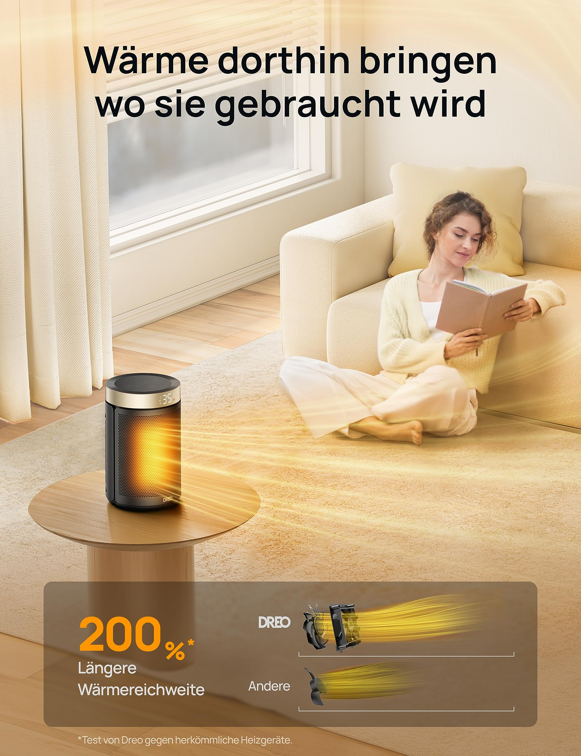 Eine Frau liest auf dem Boden neben einem Tisch mit einem heizenden Heizlüfter.