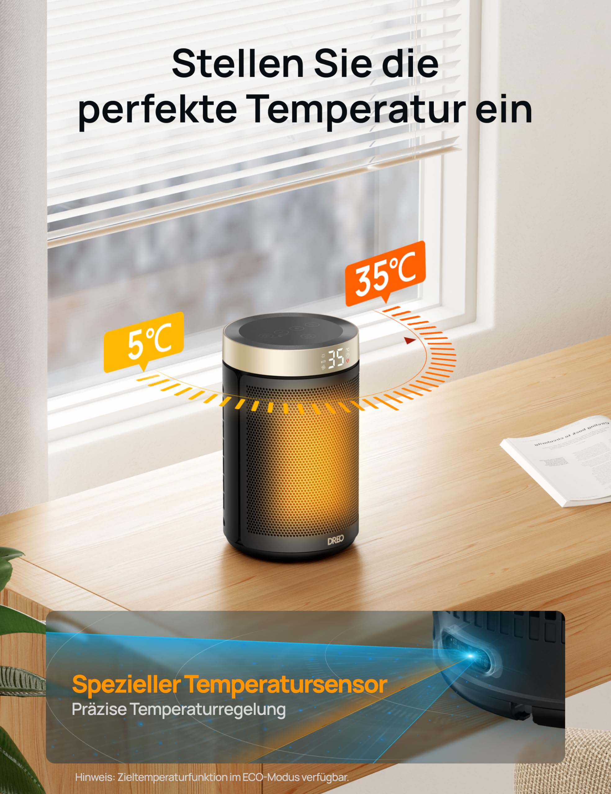 Ein schwarzer Standheizlüfter mit digitaler Anzeige steht auf einem Holztisch vor einem Fenster.